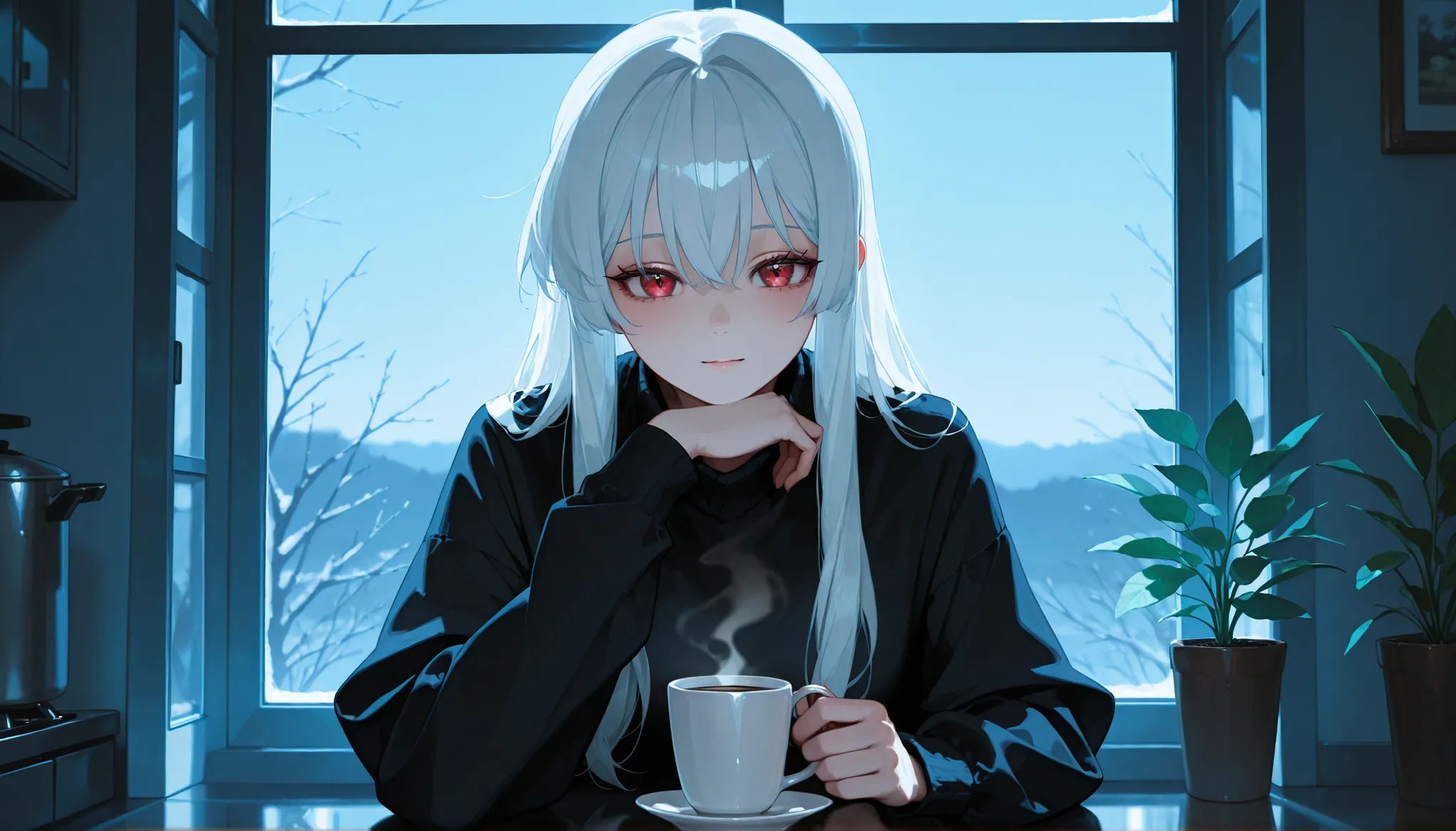 A girl with long silver hair and red eyes stands alone in a small, cluttered kitchen at dawn, holding a cup of untouched coffee. Her expression is empty and distant. The kitchen bears signs of isolation—faded family photos, wilted plants, cold lighting. Th...