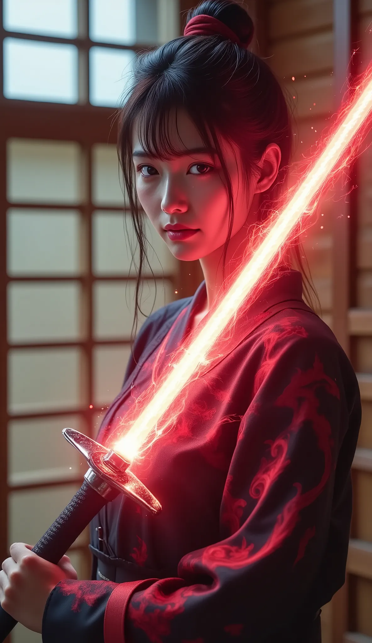 Masterpiece, Top Quality: 1.4, Ultra Detail: 1.4. A female swordsman prepares for battle, holding a beautifully reddish-black aural glowing Japanese katana above her head with both hands. She wears a traditional black and red hakama with white trim. Her lo...