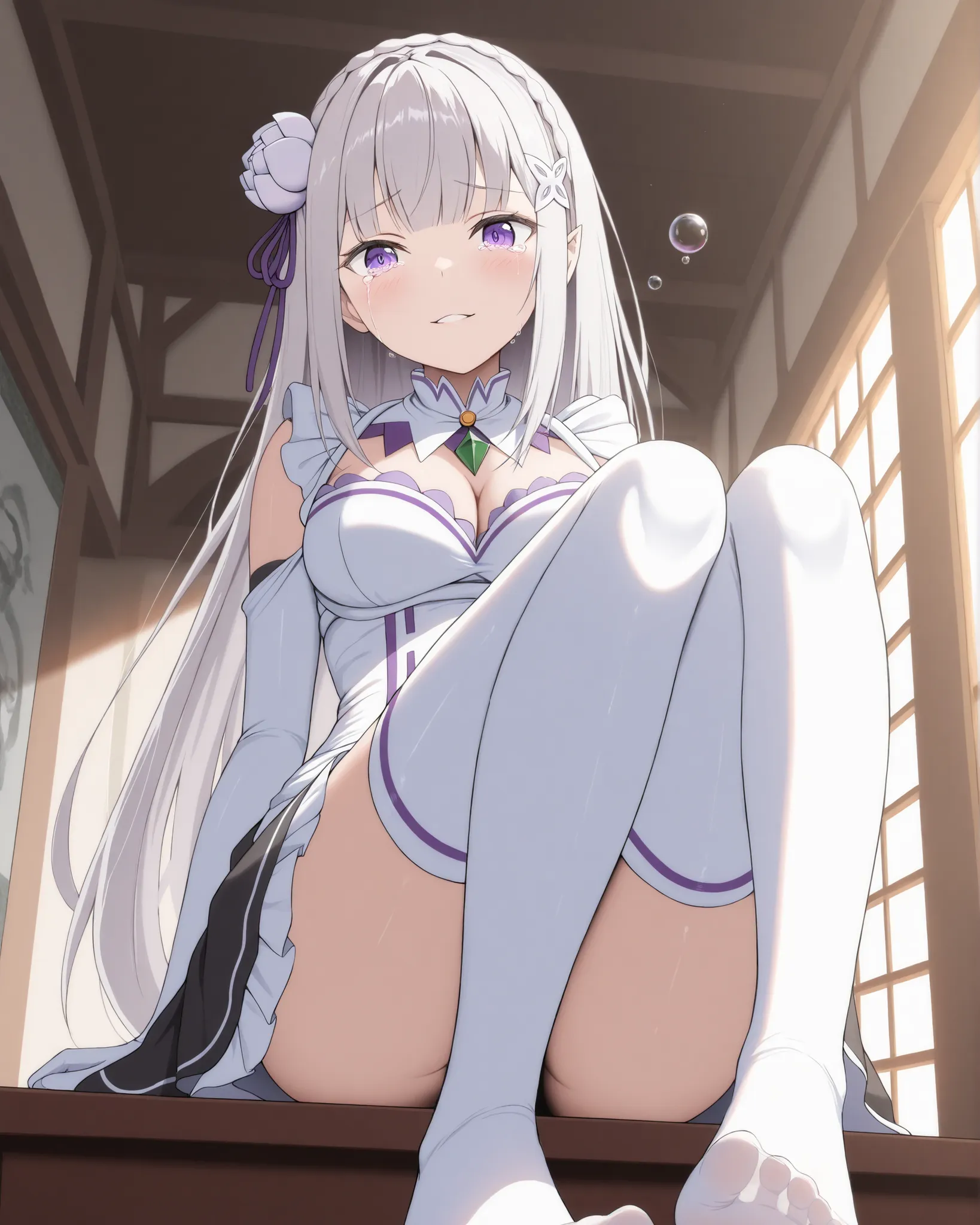   masterpiece, excellent quality, best quality, is absolutely glamorous, ridiculous results, high resolution, en yeni,  Inside,  1girl, (Head down view as), re:Emilia, sitting in a seductive pose from head to bottom, sits in the foreground showing her sexy...