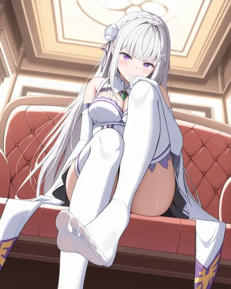   masterpiece, excellent quality, best quality, is absolutely glamorous, sexy results, high resolution, en yeni,  Inside,  1girl, (Head down view as), re:Emilia, sitting in a seductive pose from head to bottom, sits in the foreground showing her sexy feet ...