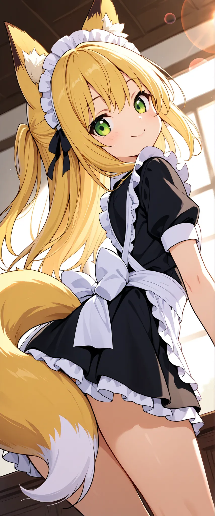 one girl with arms, fox ears,fox tail,yellow long hair,cute,masterpiece,Highest Quality,best smiles,maid,maid服,maidの靴, frill,lens flare,dynamic angle,miniskirt,