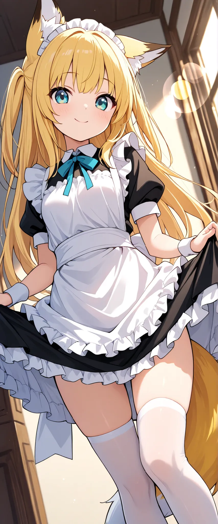 one girl with arms, fox ears,fox tail,yellow long hair,cute,masterpiece,Highest Quality,best smiles,maid,maid服,maidの靴, frill,lens flare,dynamic angle,miniskirt,