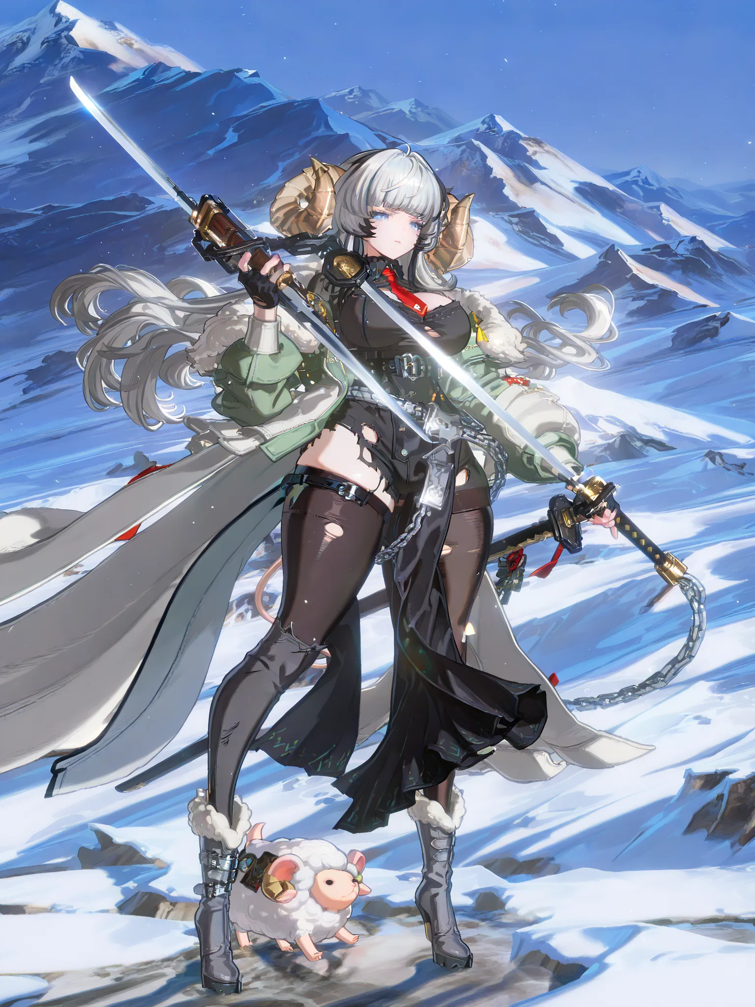 woman, sheep anthromorph, ram beast, white coat of cotton, blue talisman on her ram horns, puppy down ears, snowy mountain, large breasts, fullbody, slean model body, long legs, long cape, cute pelvic curtain dress, cute chain belt on her waist, holographi...