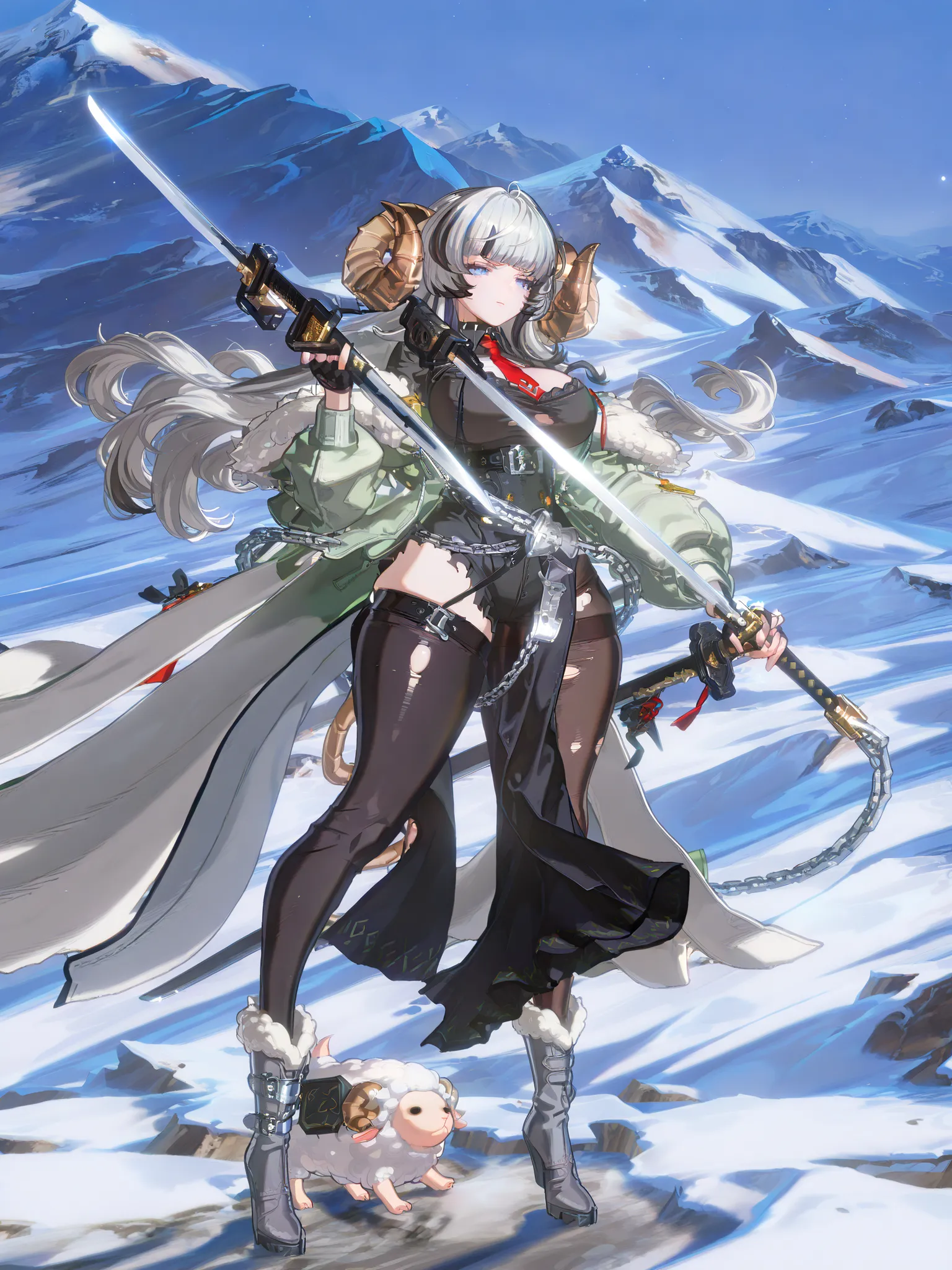 woman, sheep anthromorph, ram beast, white coat of cotton, blue talisman on her ram horns, puppy down ears, snowy mountain, large breasts, fullbody, slean model body, long legs, long cape, cute pelvic curtain dress, cute chain belt on her waist, holographi...