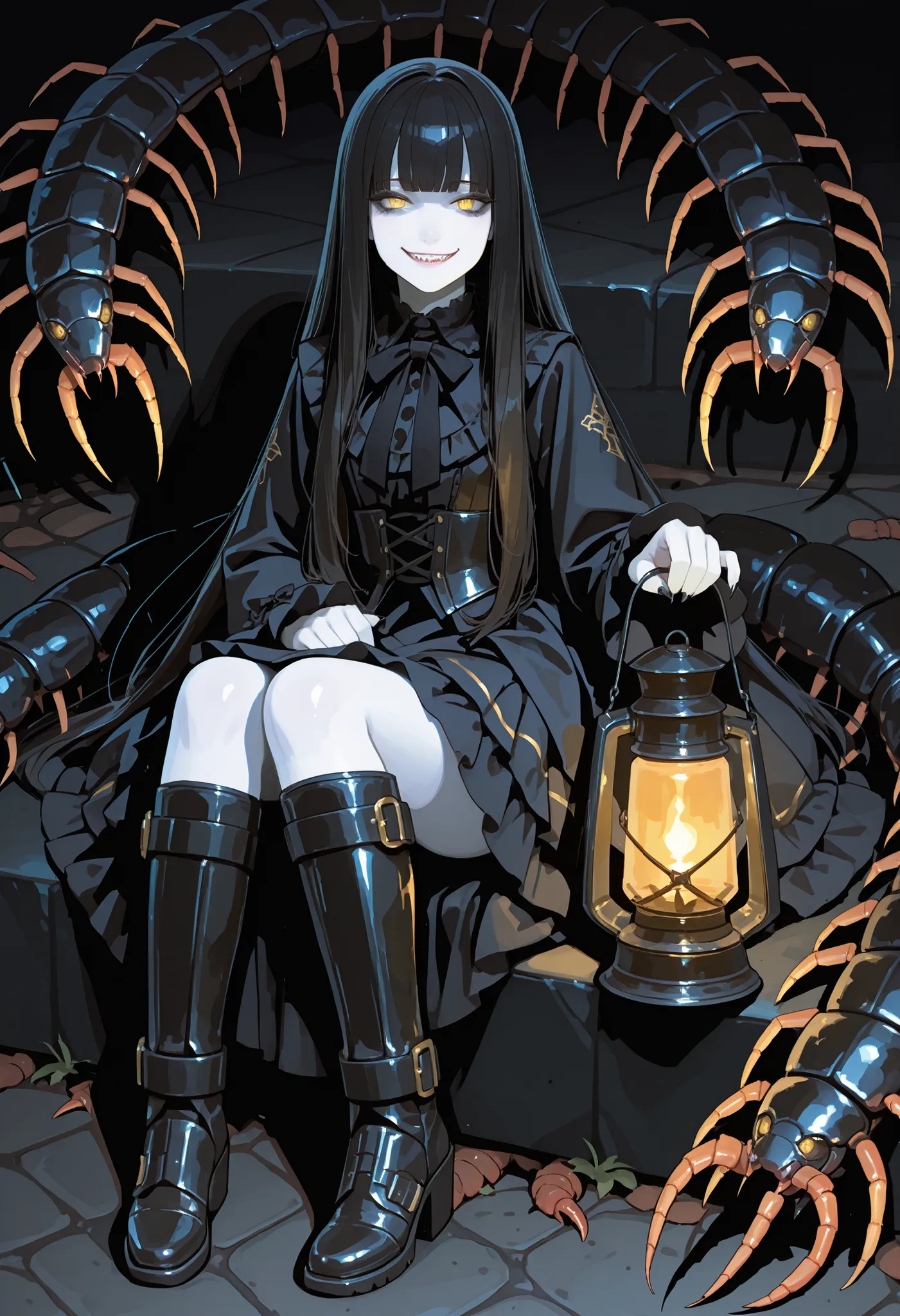 A girl sitting on a kaiju. Black hair. Long hair. Yellow eyes. Sarcastic smile. White skin. Armored arms. Sharp claws. Black gothic dress. Black metal boots. Holding a lantern in her hand. Centipede kaiju. Insect legs.