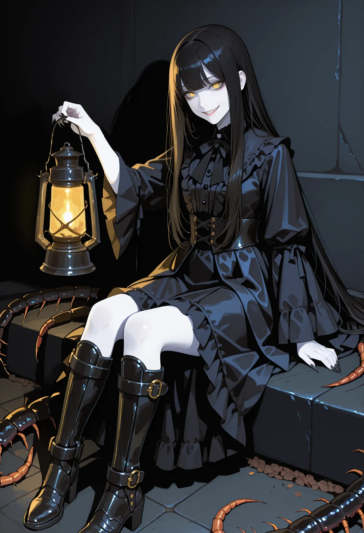 A girl sitting on a kaiju. Black hair. Long hair. Yellow eyes. Sarcastic smile. White skin. Armored arms. Sharp claws. Black gothic dress. Black metal boots. Holding a lantern in her hand. Centipede kaiju. Insect legs.