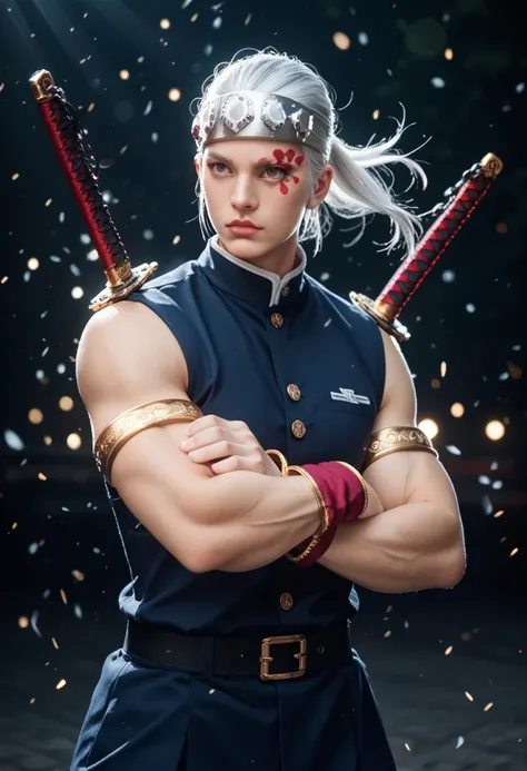 A hyper-realistic CGI render of a muscular anime-style warrior with silver hair tied in a topknot, wearing a jewel-studded headband and golden arm bands, wielding dual chained swords glowing with ethereal energy. He is in a dynamic action pose, surrounded ...