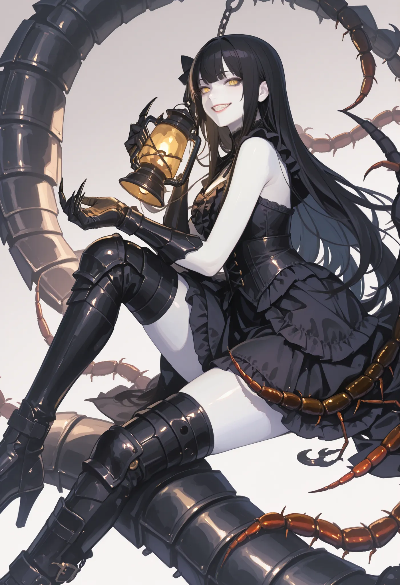 A girl sitting on a kaiju. Black hair. Long hair. Yellow eyes. Sarcastic smile. White skin. Armored arms. Sharp claws. Black gothic dress. Black metal boots. Holding a lantern in her hand. Centipede kaiju. Insect legs.