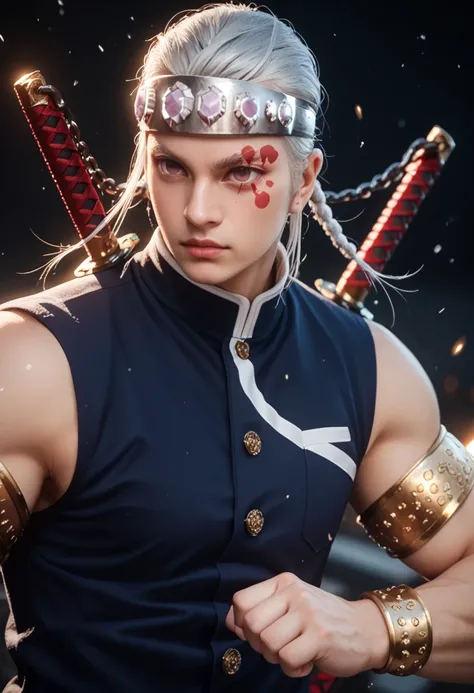 A hyper-realistic CGI render of a muscular anime-style warrior with silver hair tied in a topknot, wearing a jewel-studded headband and golden arm bands, wielding dual chained swords glowing with ethereal energy. He is in a dynamic action pose, surrounded ...