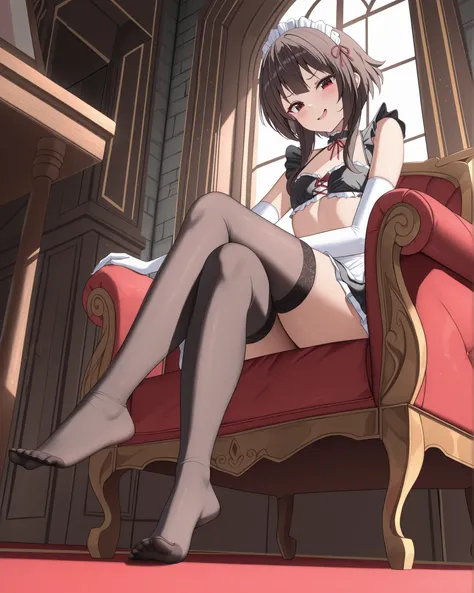 masterpiece, excellent quality, best quality, is absolutely glamorous, ridiculous results, high resolution, en yeni, Inside, 1girl, (Full length view from head to toe), Megumin from Konosuba sits in a seductive pose as she shows her sexy feet in the foreg...