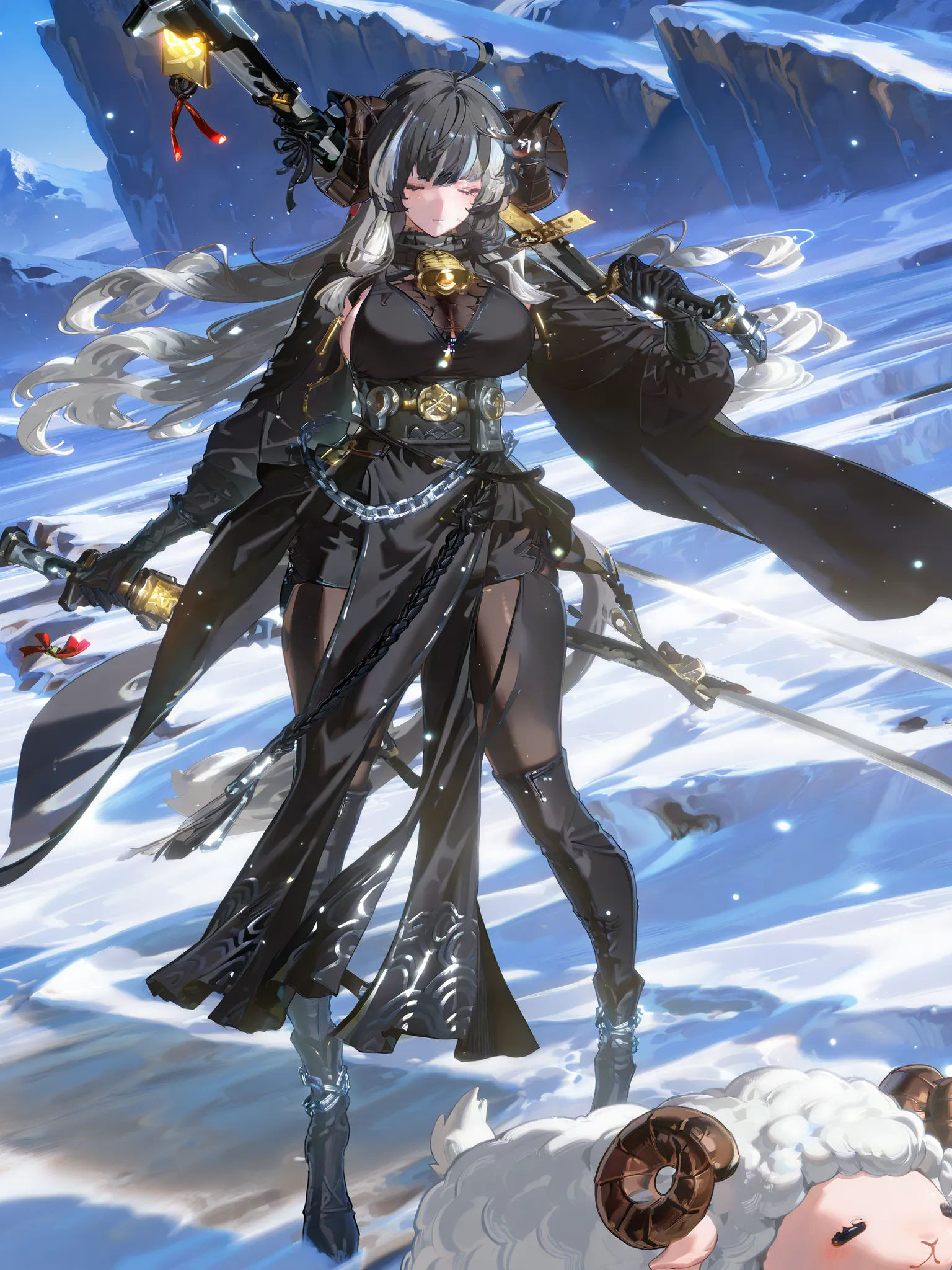 woman, sheep anthromorph, ram beast, white and black coat of cotton, blue talisman on her ram horns, puppy down ears, snowy mountain, large breasts, fullbody, slean model body, long legs, long black cape, cute pelvic curtain dress, cute chain belt on her w...