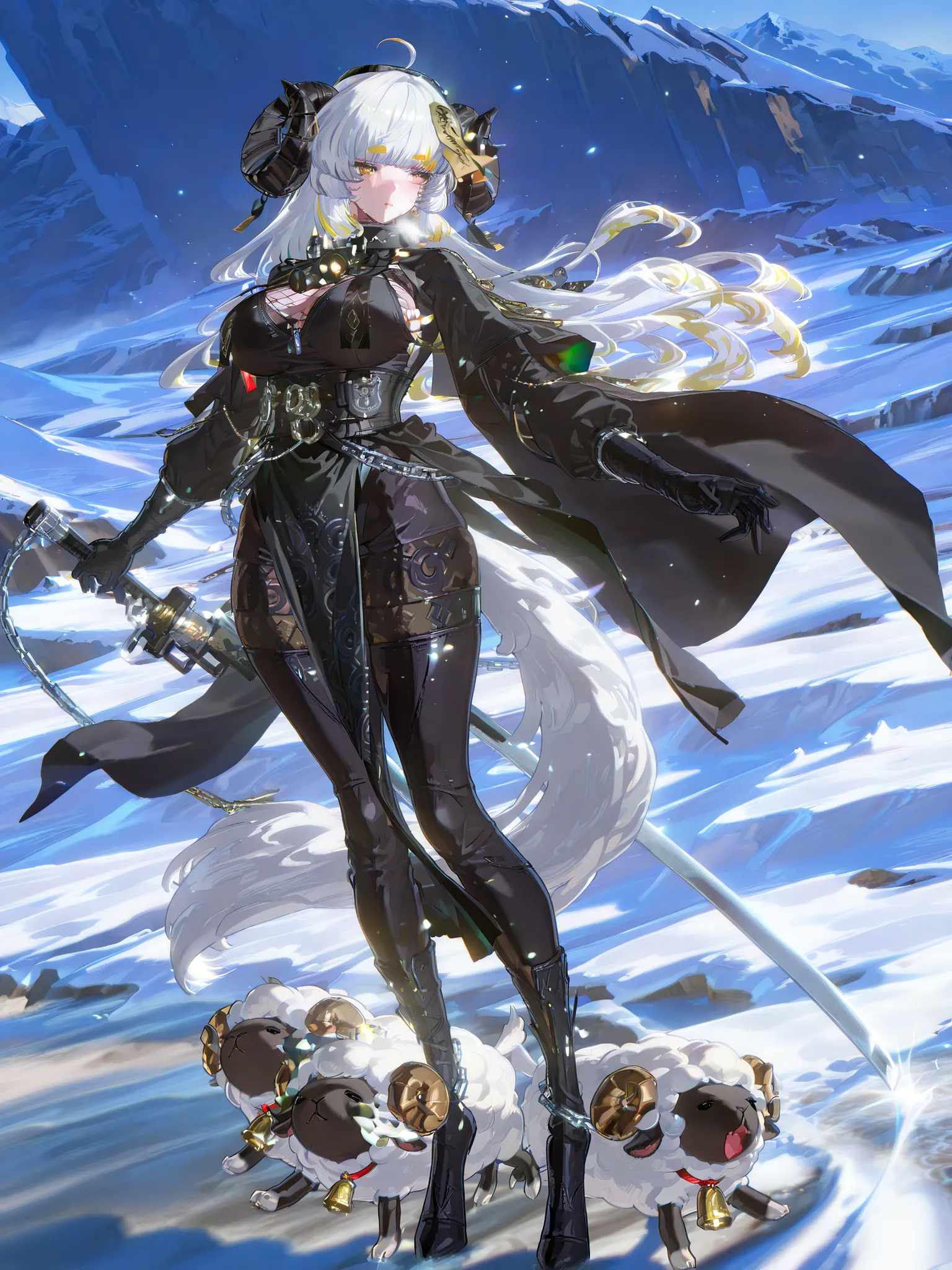 woman, sheep anthromorph, ram beast, white and black coat of cotton, blue talisman on her ram horns, puppy down ears, snowy mountain, large breasts, fullbody, slean model body, long legs, long black cape, cute pelvic curtain dress, cute chain belt on her w...