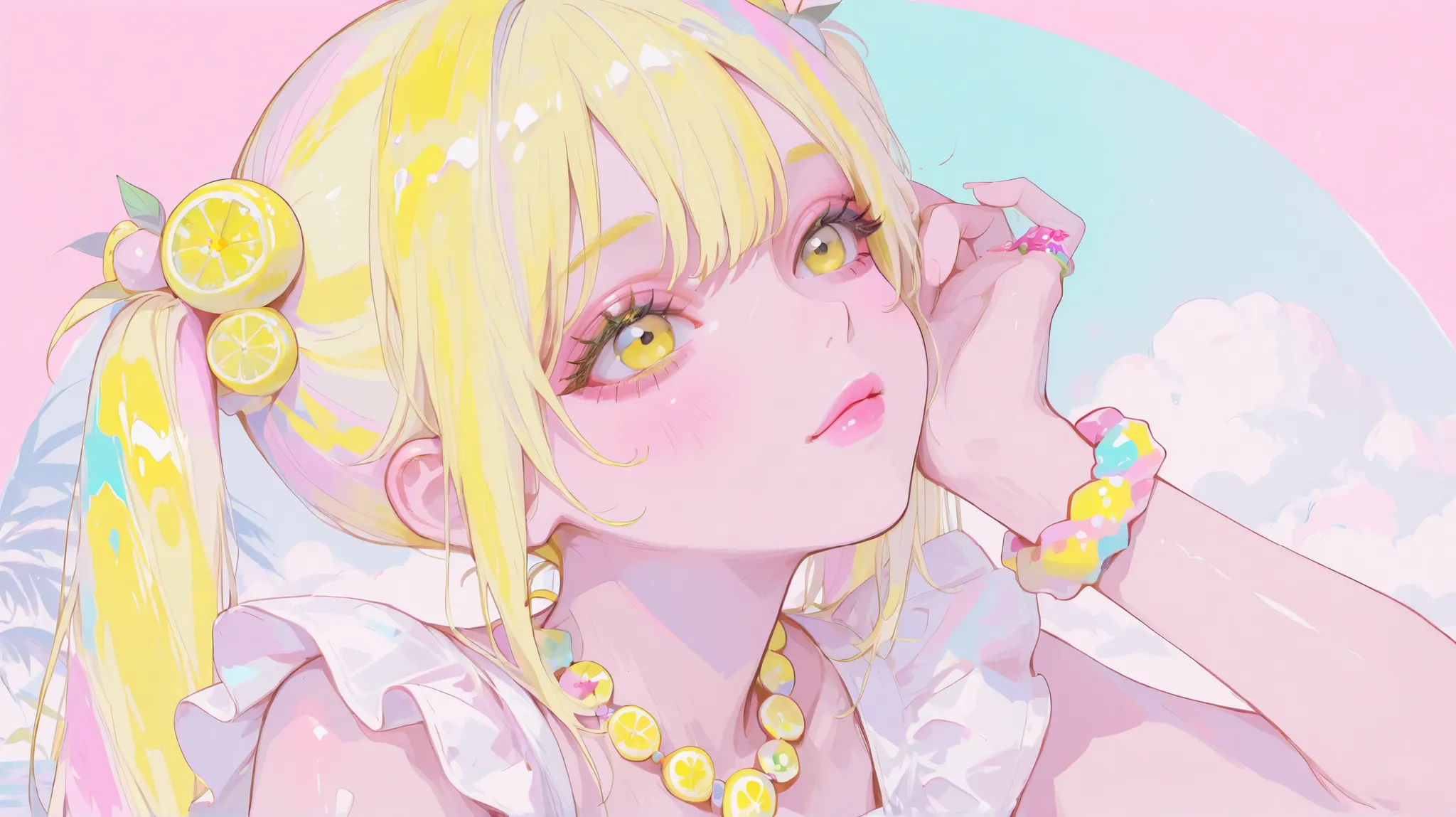 Pastel colors, one girl, summer attire, cute lemon yellow eyes, pink lips, top quality, colorful bracelets, colorful necklace, twin tails of long lemon yellow hair, facing us,