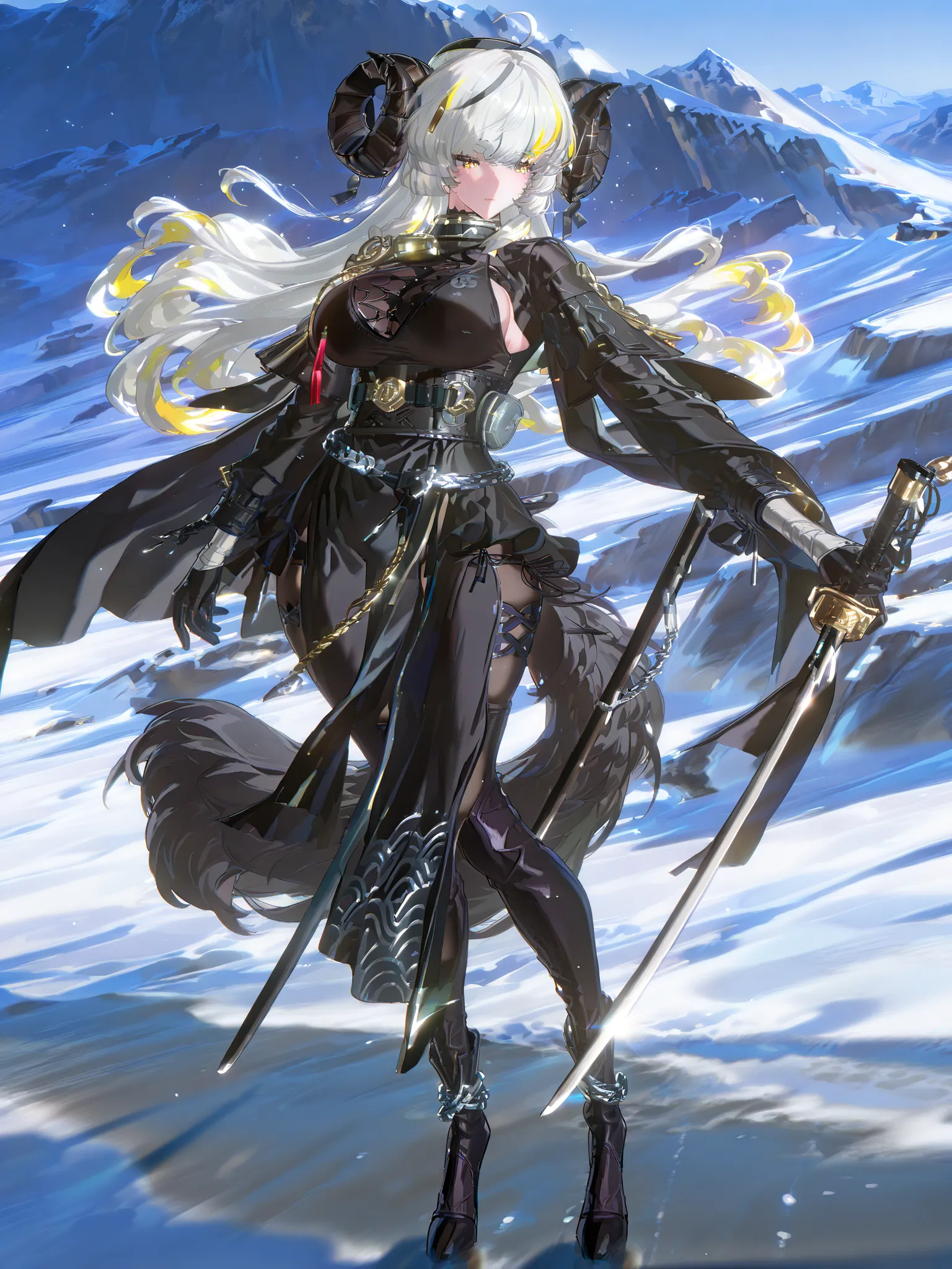 woman, sheep anthromorph, ram beast, white and black coat of cotton, blue talisman on her ram horns, puppy down ears, snowy mountain, large breasts, fullbody, slean model body, long legs, long black cape, cute pelvic curtain dress, cute chain belt on her w...