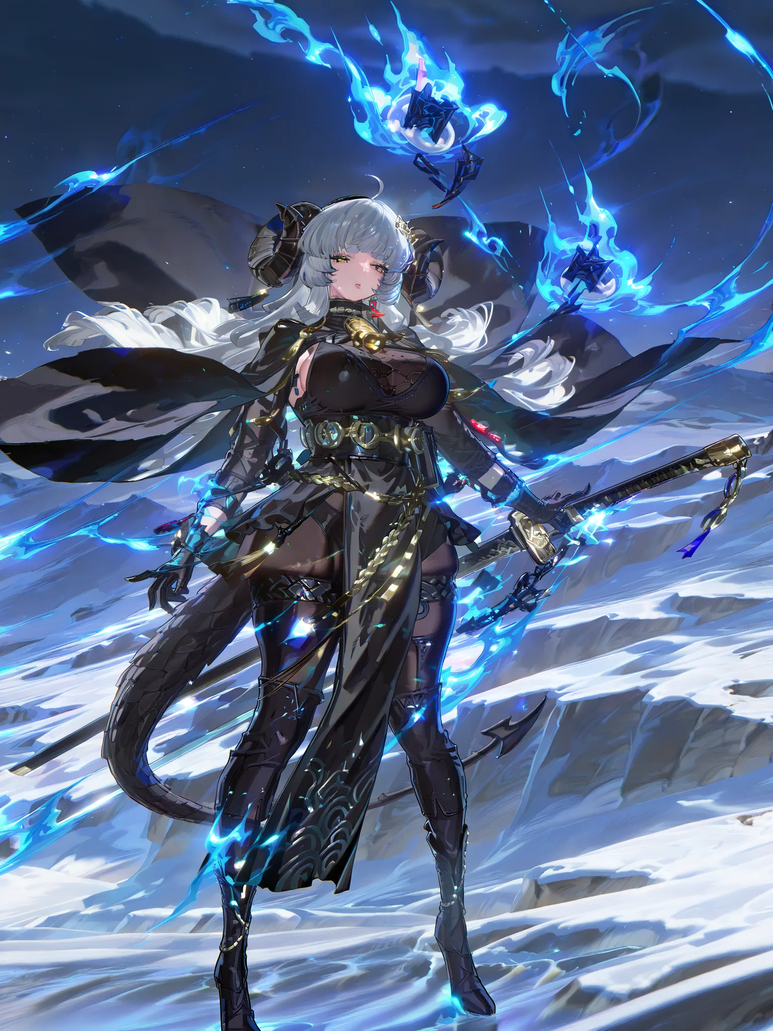 woman, sheep anthromorph, ram beast, white and black coat of cotton, blue talisman on her ram horns, snowy mountain, large breasts, fullbody, slean model body, long model legs, long black cape, cute pelvic curtain dress, chain belt on her waist, big wolf t...
