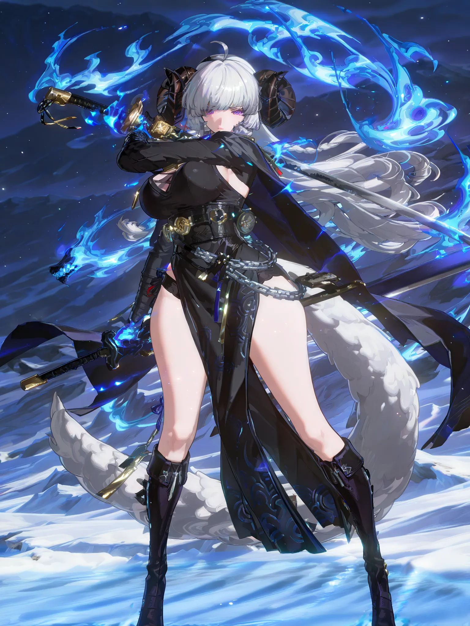 woman, sheep anthromorph, ram beast, white and black coat of cotton, blue talisman on her ram horns, snowy mountain, large breasts, fullbody, slean model body, long model legs, long black cape, cute pelvic curtain dress, chain belt on her waist, big wolf t...