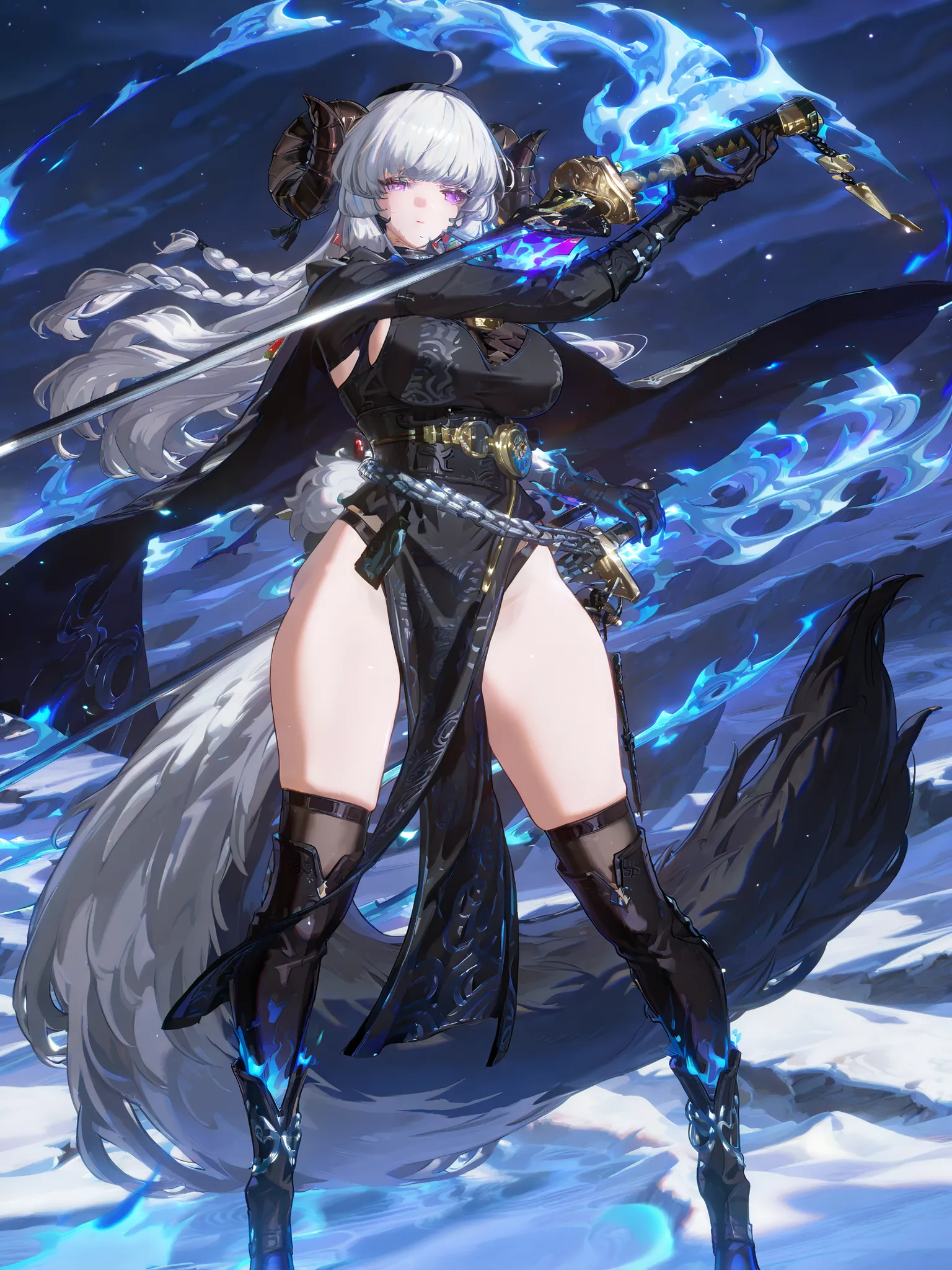 woman, sheep anthromorph, ram beast, white and black coat of cotton, blue talisman on her ram horns, snowy mountain, large breasts, fullbody, slean model body, long model legs, long black cape, cute pelvic curtain dress, chain belt on her waist, big wolf t...