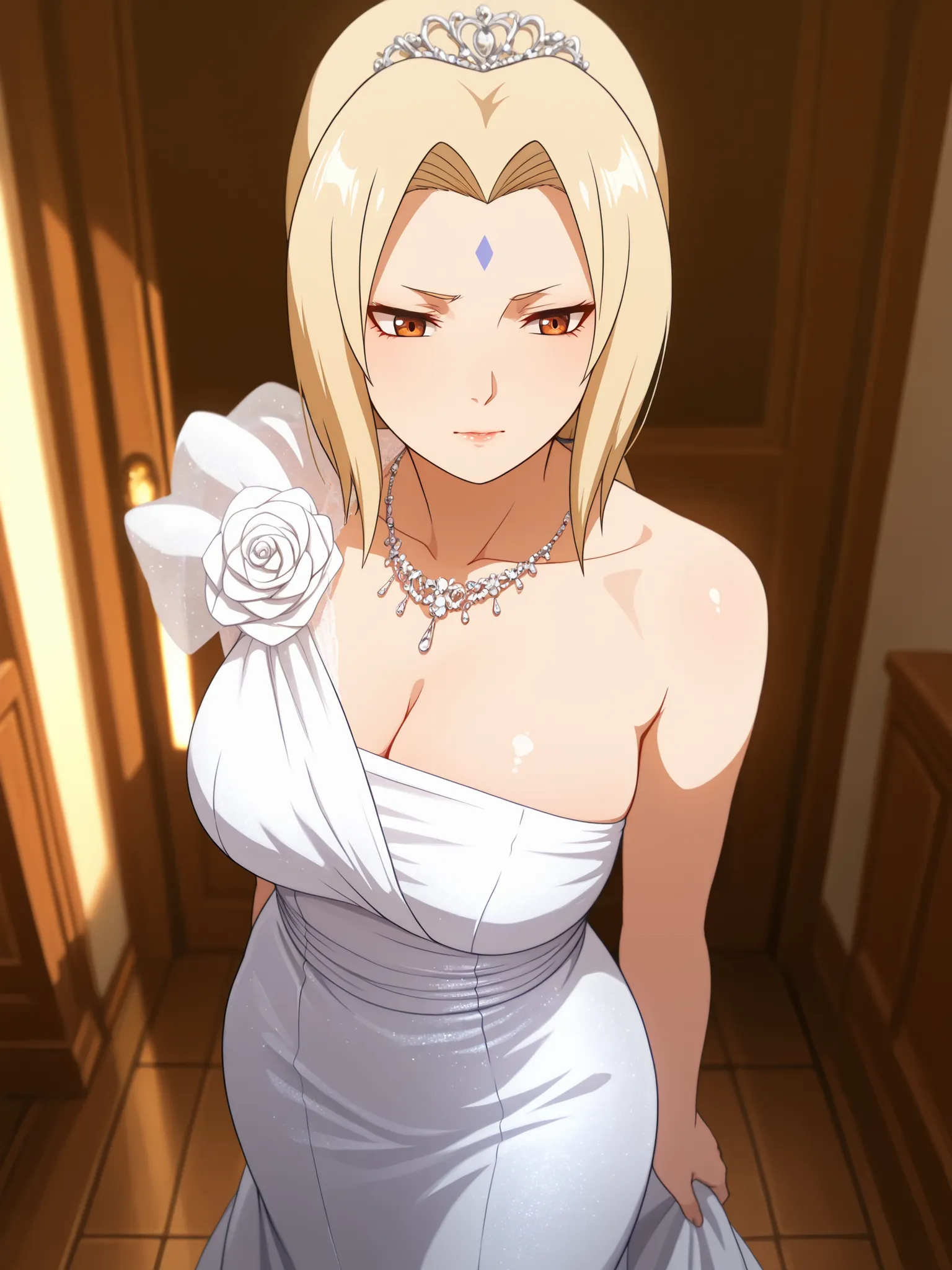 (masterpiece, best quality, anime style, ultra-detailed, 8k, Tsunade Senju wearing a perfectly fitting ivory white wedding dress, elegant and smooth fabric, minimalist design with no frills or layers, asymmetrical one-shoulder neckline exposing one shoulde...