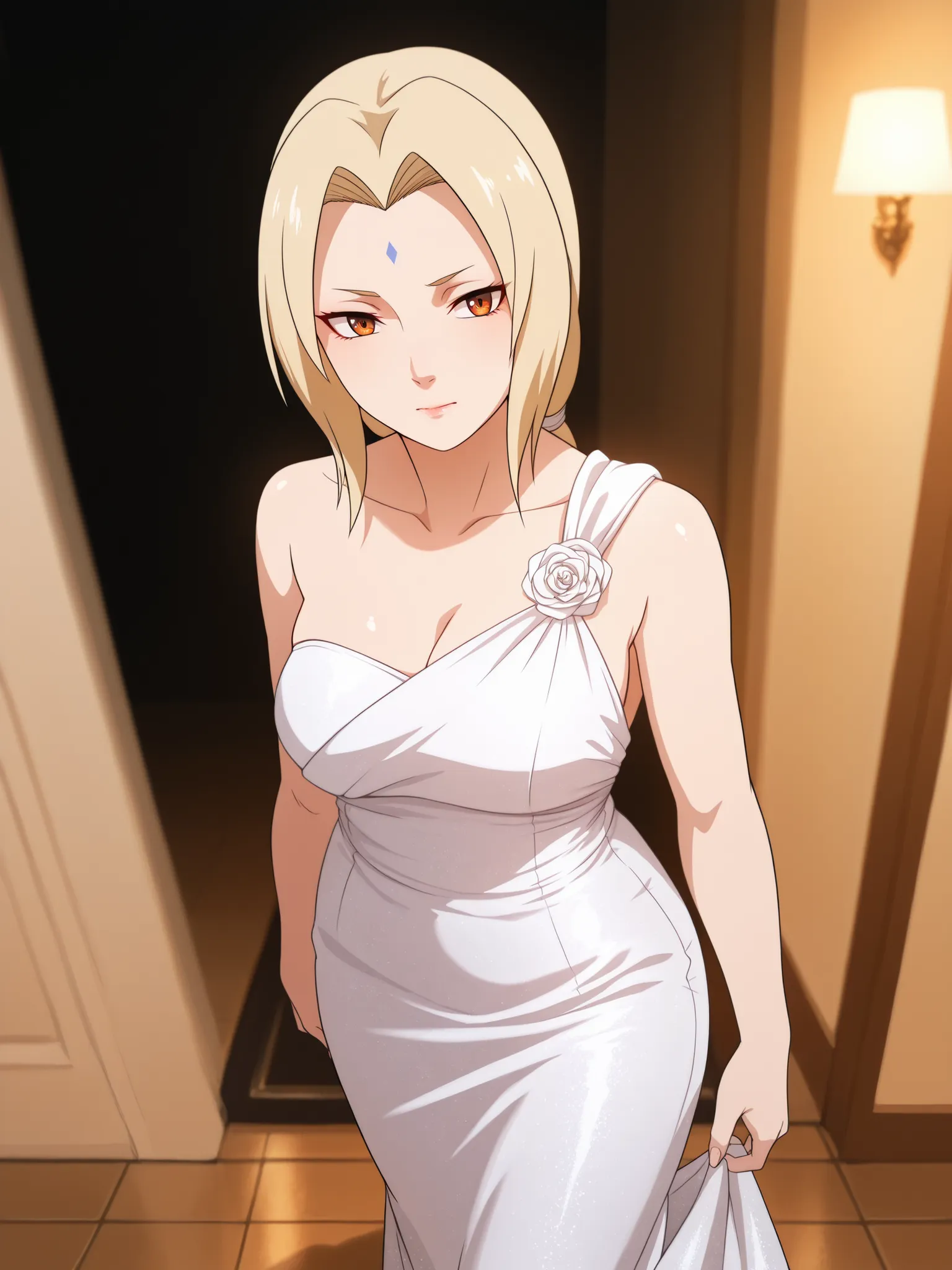 (masterpiece, best quality, anime style, ultra-detailed, 8k, Tsunade Senju wearing a perfectly fitting ivory white wedding dress, elegant and smooth fabric, minimalist design with no frills or layers, asymmetrical one-shoulder neckline exposing one shoulde...