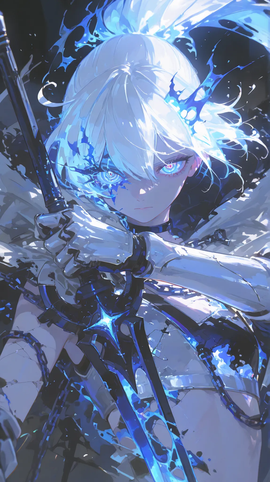 (close up shot, upper body shot:1.2), SuperQuality, Anime illustration, detailed anime artstyle, cinematic background, extremely detailed background, backlighting, backlit, cold light, colorful, light reflection, solo, 1girl, asymmetrical armor, detailed s...