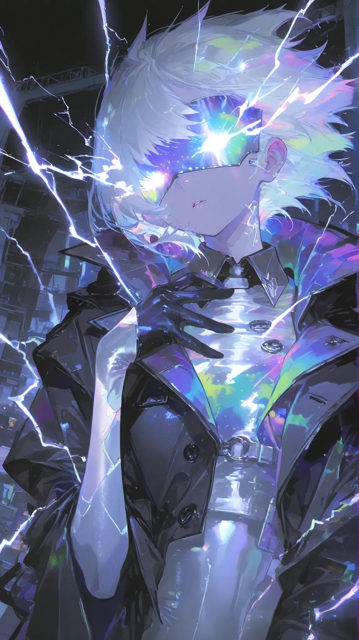 masterpiece, best quality, amazing quality, very aesthetic, high resolution, ultra-detailed, absurdres, newest, scenery, colorful, upper body, lightning goddess, silver white hair, dark visor covering a part of her eyes, high-collared dark coat with silver...