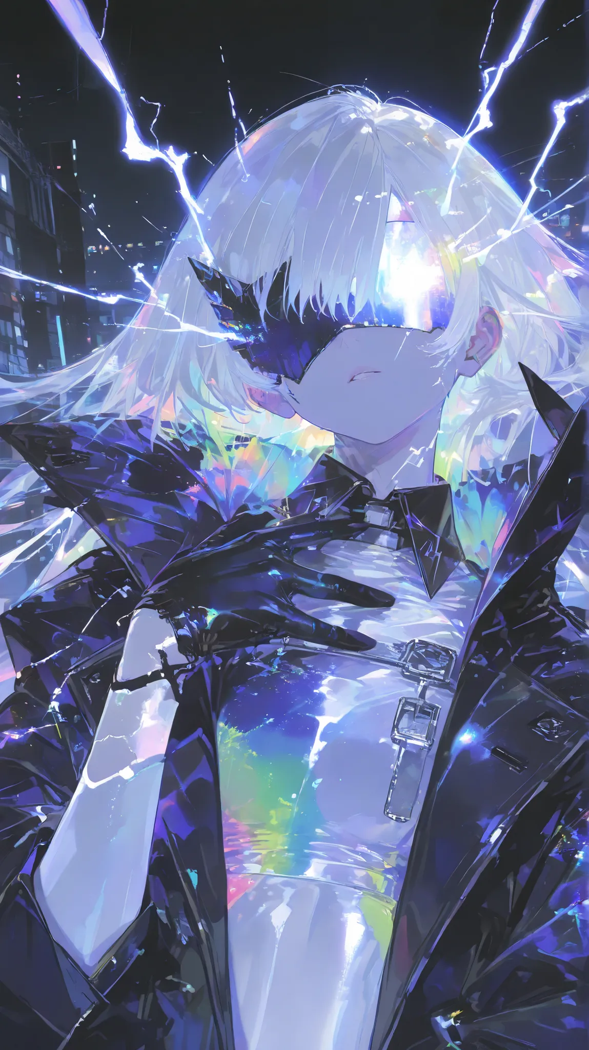 masterpiece, best quality, amazing quality, very aesthetic, high resolution, ultra-detailed, absurdres, newest, scenery, colorful, upper body, lightning goddess, silver white hair, dark visor covering a part of her eyes, high-collared dark coat with silver...
