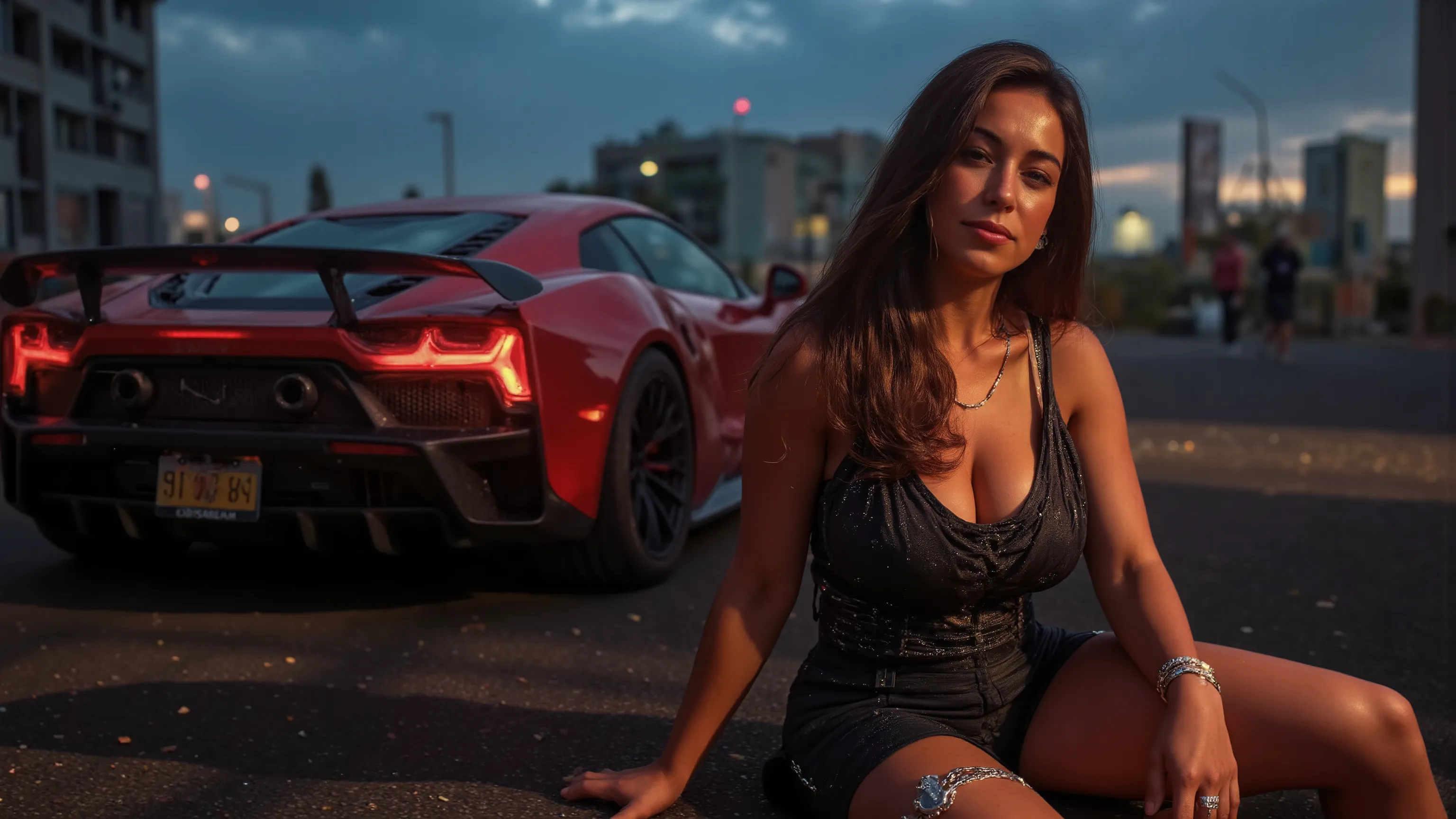 An athletic female is posing in a western cyberpunk city near a cyberpunk sports car (the "Flux-Hi" "v8" model, from the brand "Dream Diffusion"), at night, wearing a futuristic outfit (including high-heels) and adorned with intricate neon and rich jewelle...