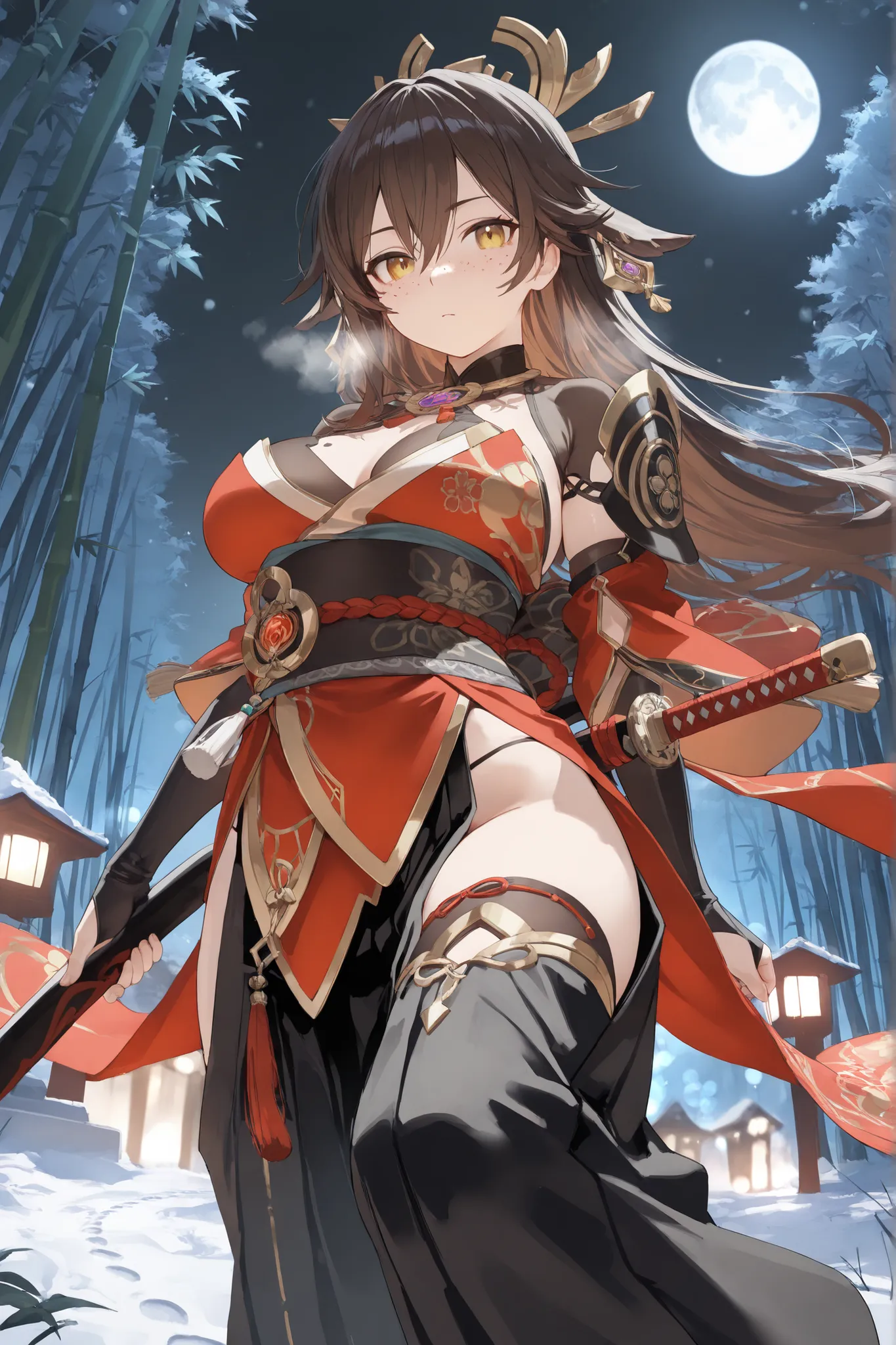 masterpiece, best quality, ultra high definition, high resolution, noise-free, (slender woman with firm medium-sized breasts:1.2), long flowing dark brown hair tied loose with red lacquer hairpin and wind-swept strands framing her face, subtle freckles acr...