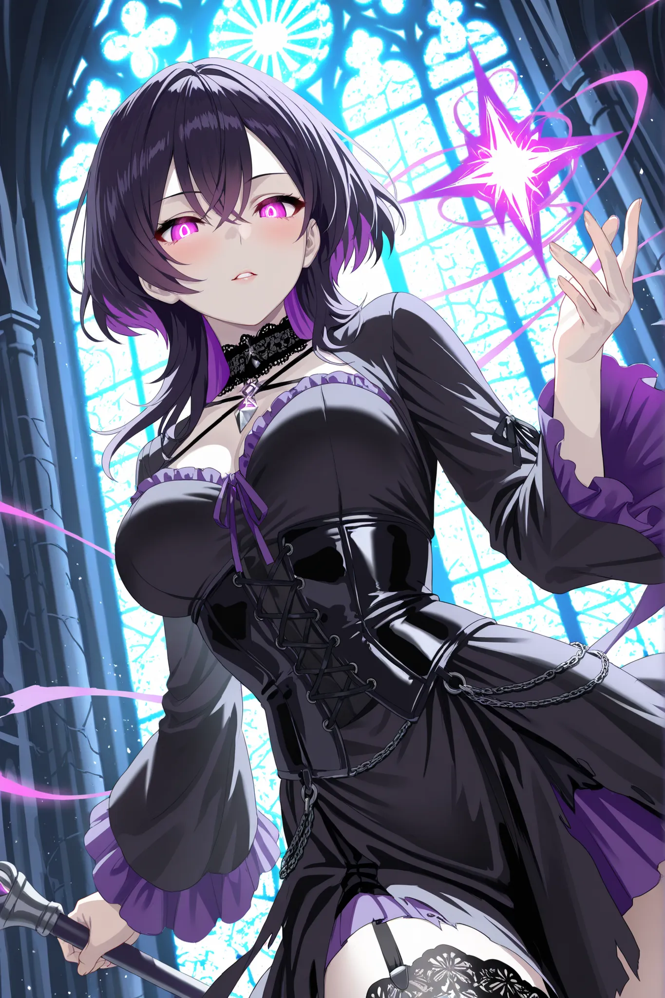 masterpiece, best quality, ultra high definition, high resolution, noise-free, (slender woman with firm medium-sized breasts:1.2), short chin-length wavy black hair with purple highlights and sharp angular ends, intense glowing lavender eyes, mysterious co...