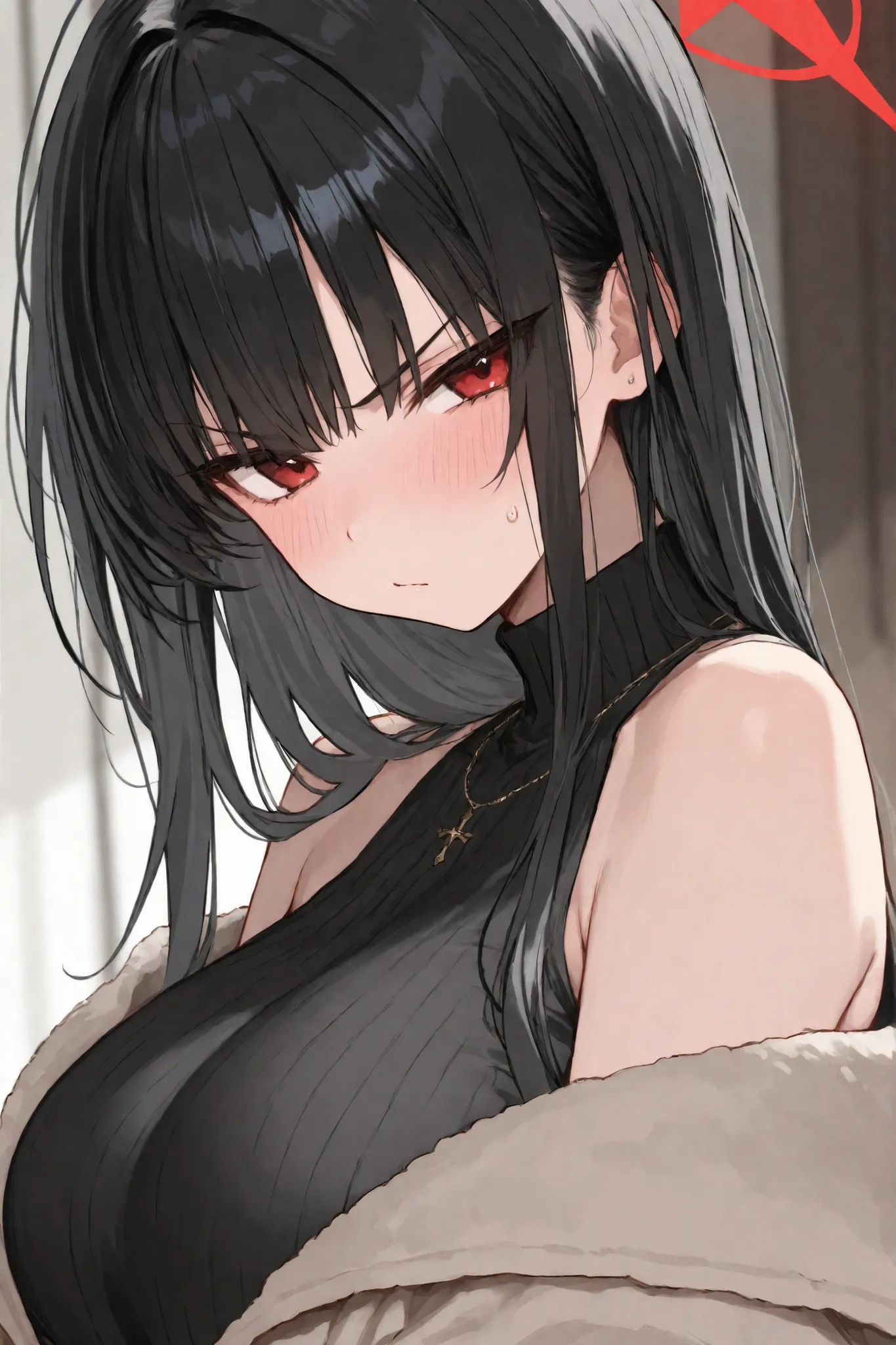 black hair、tsundere、upper body