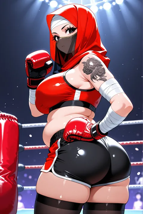Score_9, Score_8_up, Score_7_up, solo girl, big natural breasts, nice rounded ass, chubby figure, body piercing, black eyes, silk hijab, face veil, white and red top, black legging shorts, mma gloves, bandages, shiny stocking, long eyelashes, make up, bell...