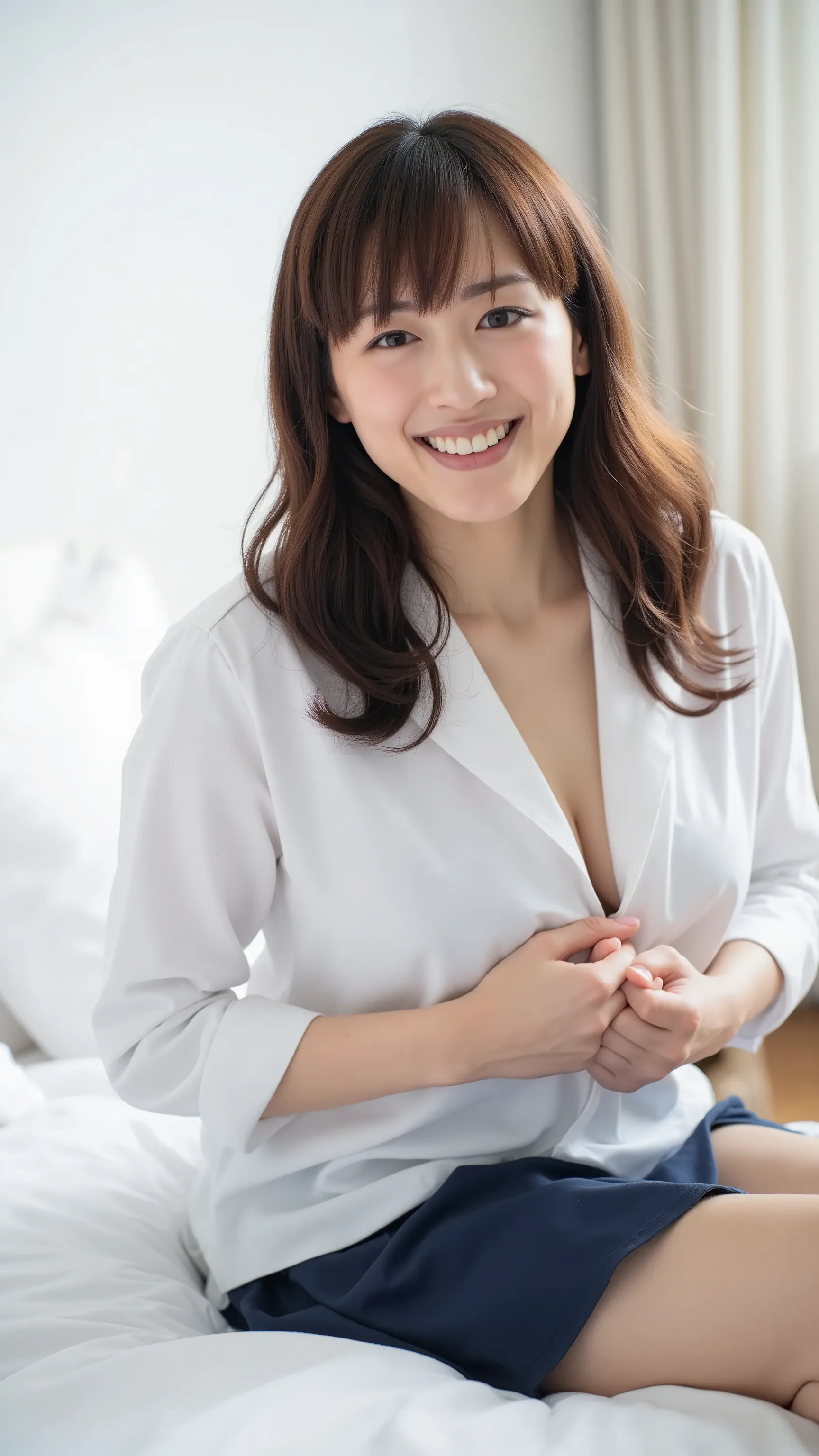 A wife in a company uniform is sitting on the bed, wearing white shirts (( Unbutton the button and 、 naked chest in white bedroom decorated in minimalist style , huge Breasts)), navy skirt,Put your hands on her blouse, looking at the camera and smiling...