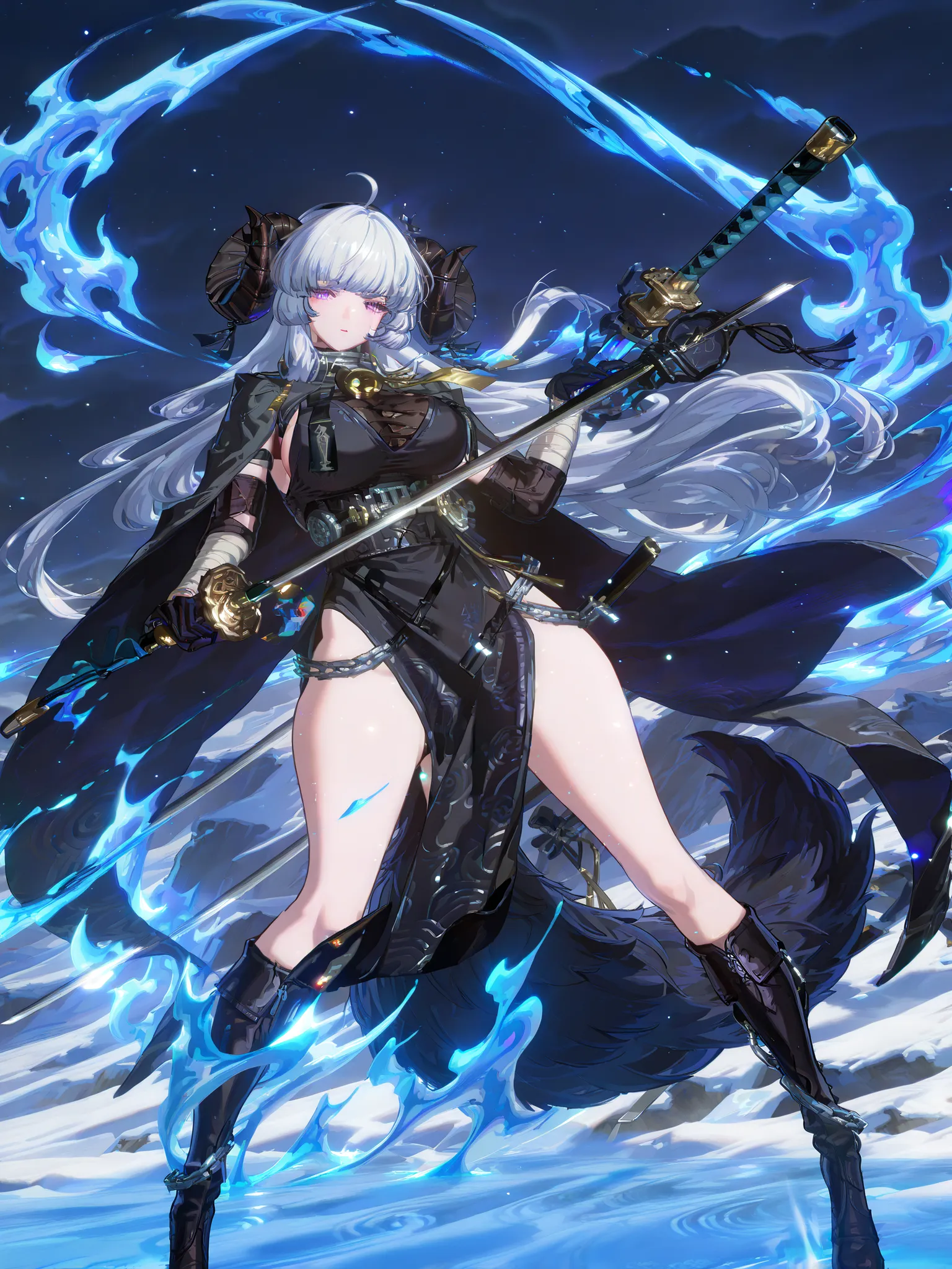 woman, sheep anthromorph, ram beast, white and black coat of cotton, blue talisman on her ram horns, snowy mountain, large breasts, fullbody, slean model body, long model legs, long black cape, cute pelvic curtain dress, chain belt on her waist, big wolf t...