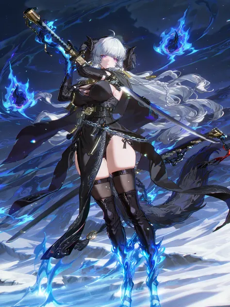 woman, sheep anthromorph, ram beast, white and black coat of cotton, blue talisman on her ram horns, snowy mountain, large breasts, fullbody, slean model body, long model legs, long black cape, cute pelvic curtain dress, chain belt on her waist, big wolf t...