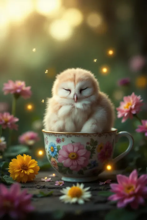 macro cinematic close-up of fluffy little owl curled asleep inside vintage floral teacup, placed in overgrown Victorian garden with flowers growing through cracks, glowing fireflies hover around like dream fragments, porcelain texture detailed, soft sunset...