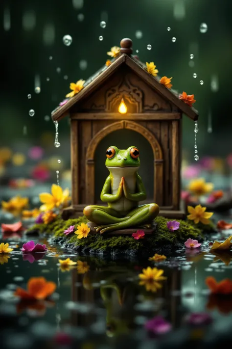 hyperrealistic macro photography of ancient-looking frog meditating in miniature temple made from matchsticks and flower petals, surrounded by puddles with soft ripples, background full of other frogs in meditation under falling raindrops, wet textures on ...