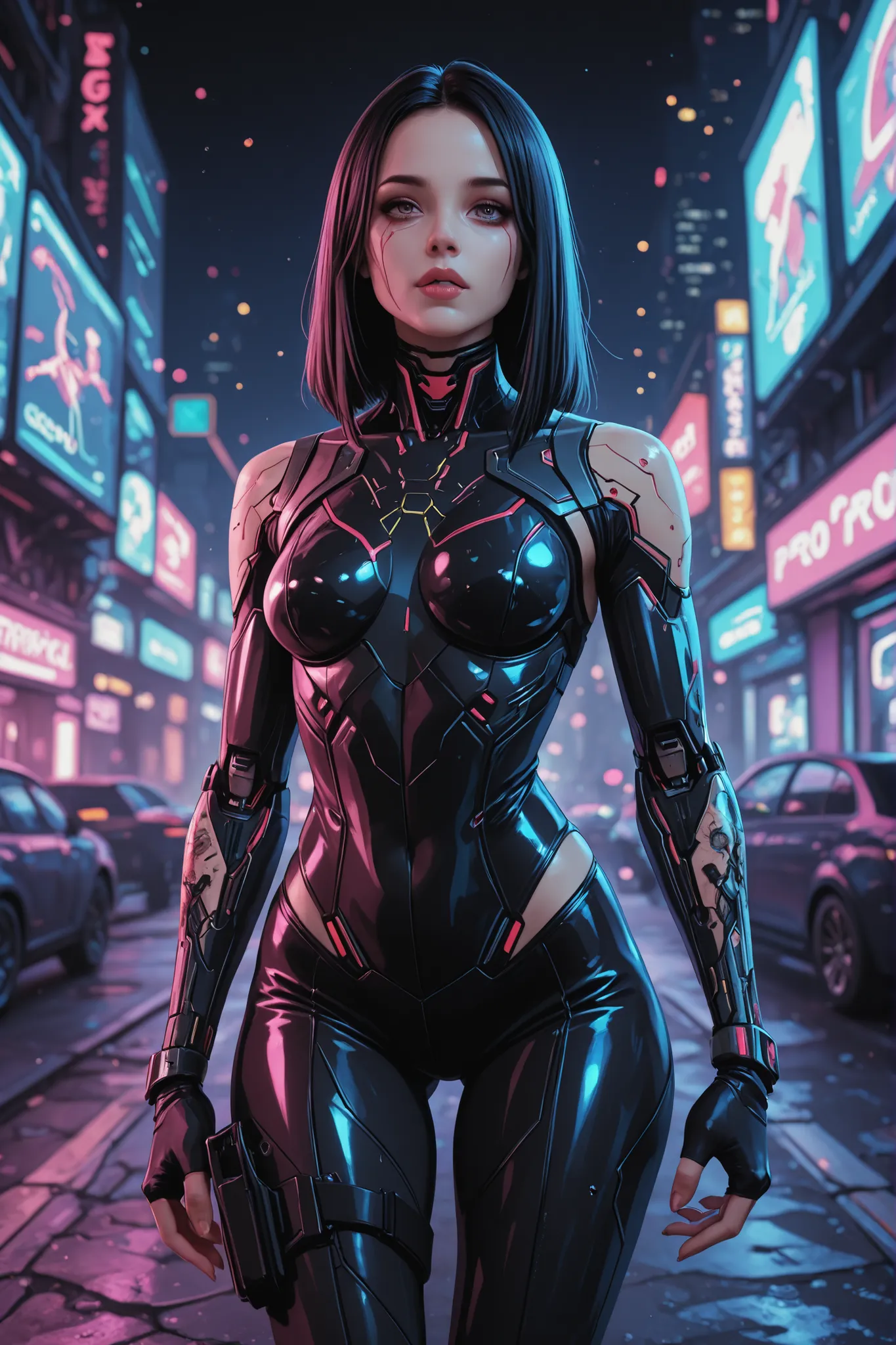 Cyberpunk 2077 cool engerunner girl , dark tasty style, pro shot