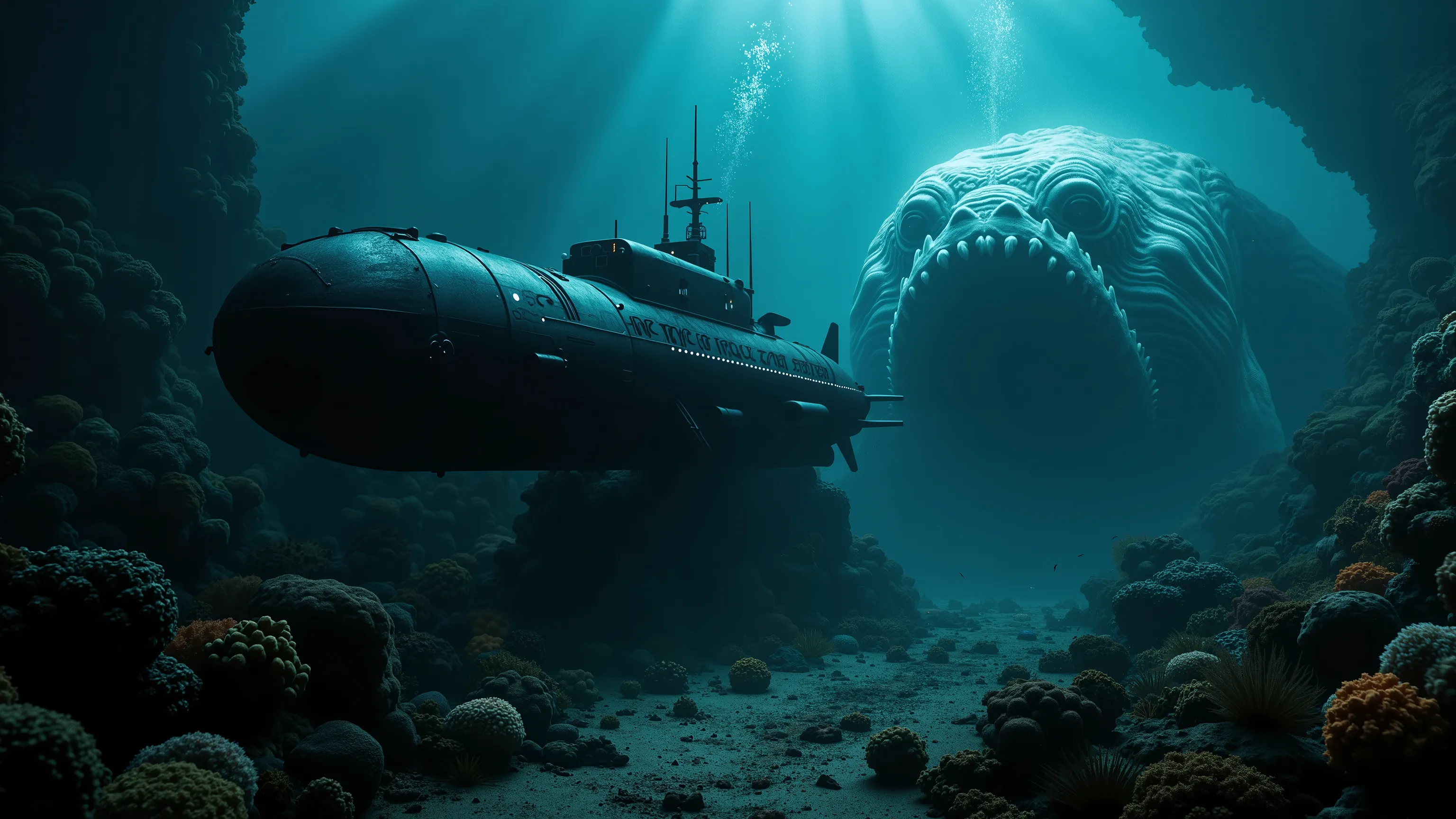 a submarine wandering deep under the ocean, surround is corals and deepsea fishes, it's so dark that the only light source comes from the submarine. There's a colossal deepsea creature lurking from a far, so large it made the submarine look so tiny. The cr...