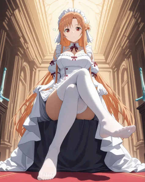  masterpiece, excellent quality, best quality, is absolutely glamorous, ridiculous results, high resolution, en yeni, Inside, 1girl, (Full length view from head to toe), Sword Art Online's asuna Yuuki sits in a seductive pose as she shows off her sexy feet...