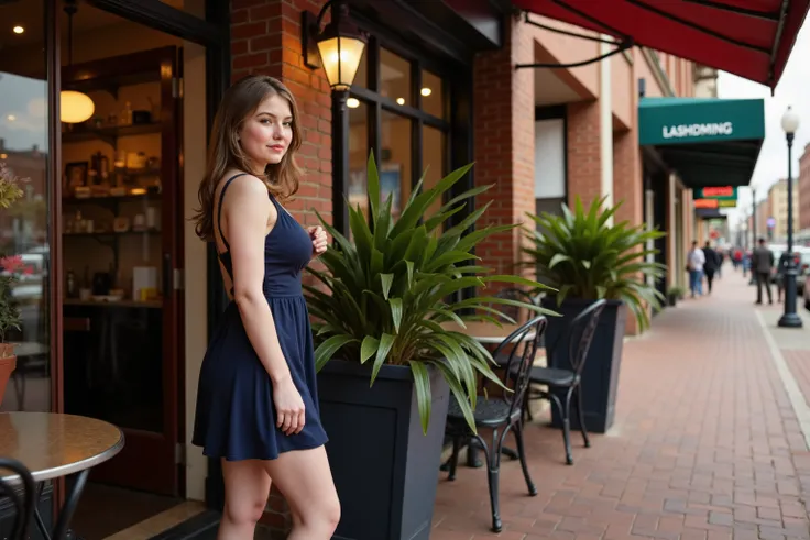 Melody has long wavy brown hair and blue eyes.  She is wearing a navy blue dress.  She is standing outside an italian restaurant waiting for a date.  She looks nervous and shy.