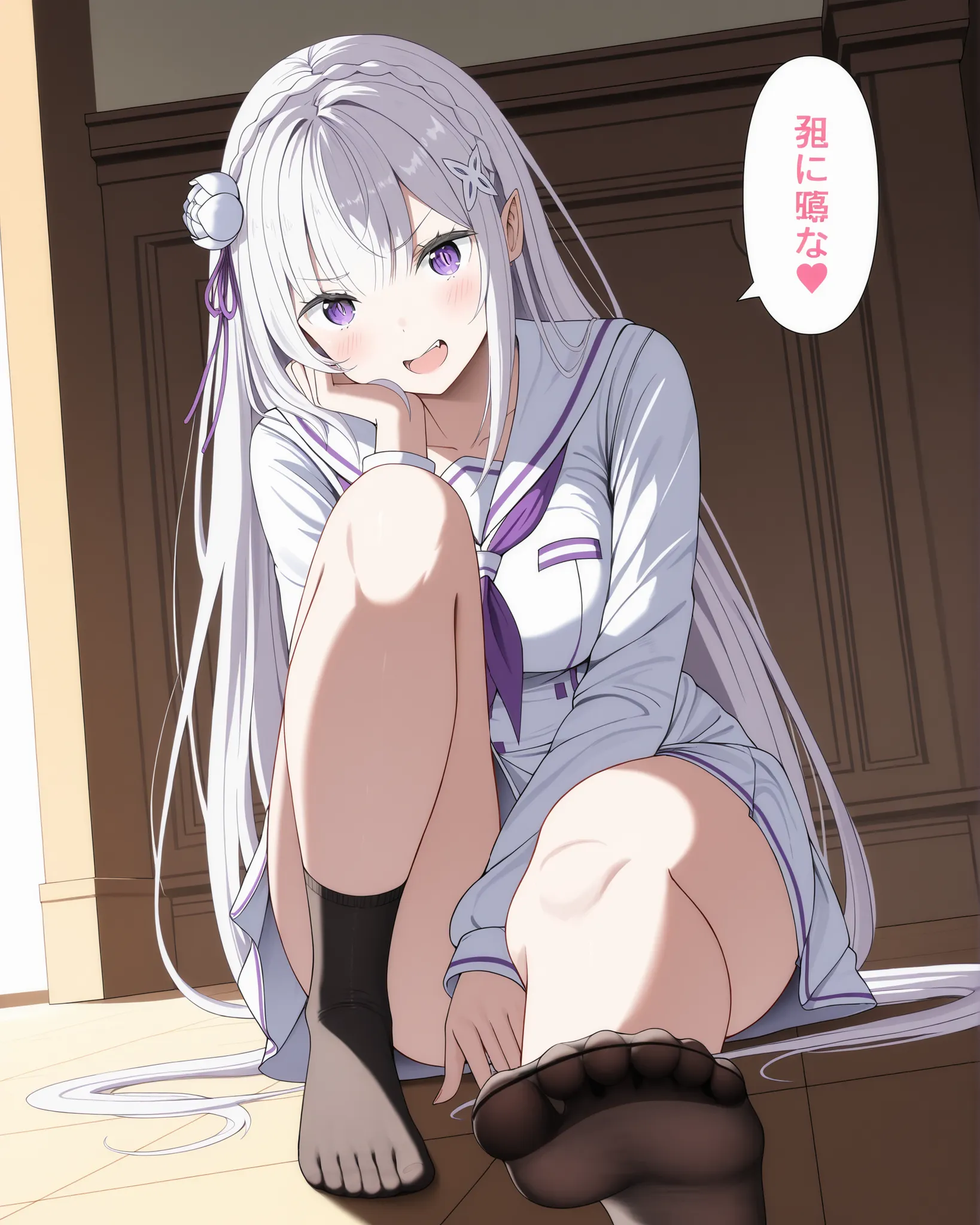  masterpiece, excellent quality, best quality, is absolutely glamorous, ridiculous results, high resolution, en yeni,  Inside,  1girl, (Full length view from head to toe), re:zero sits in a seductive pose while showing her sexy feet in the foreground while...