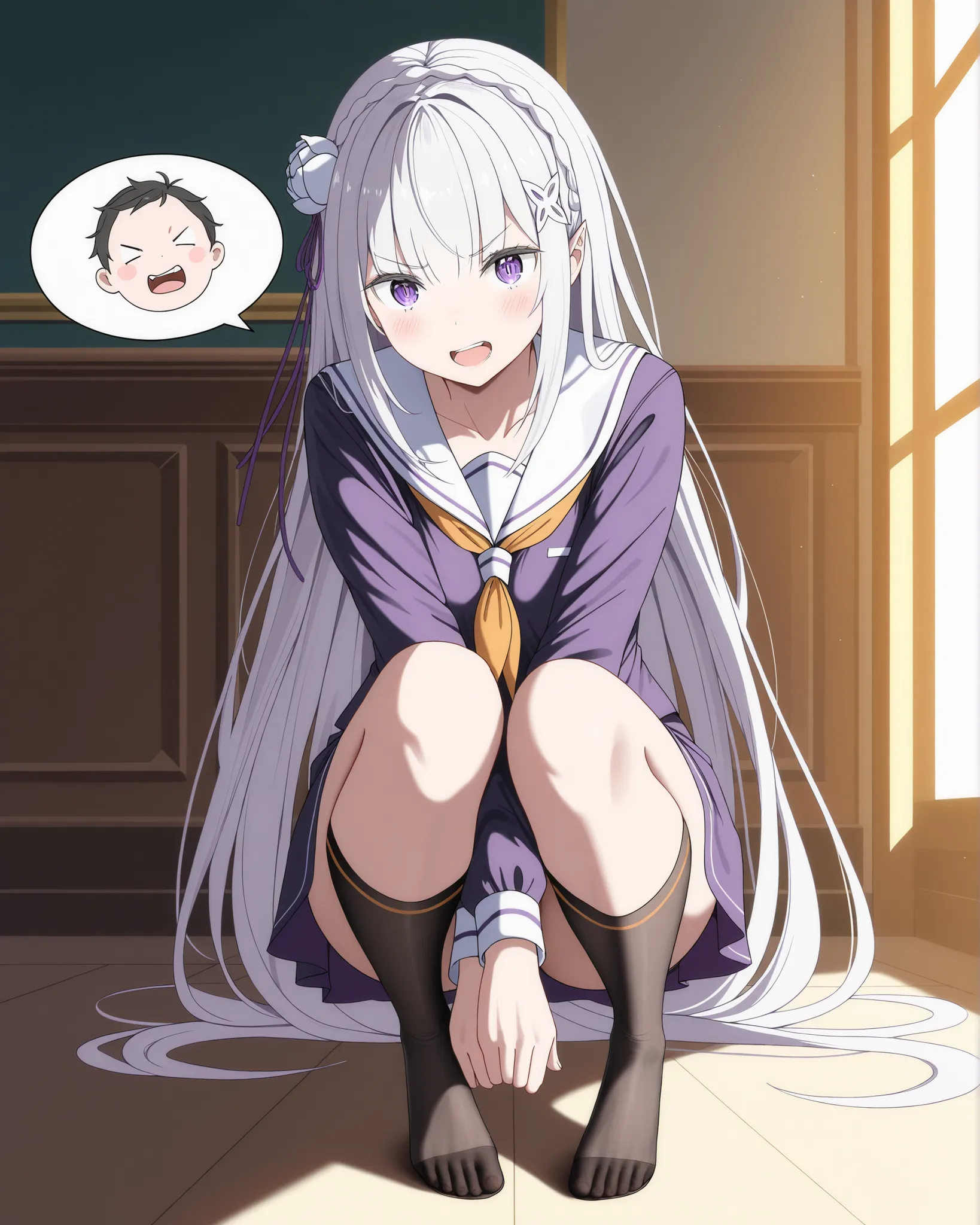  masterpiece, excellent quality, best quality, is absolutely glamorous, ridiculous results, high resolution, en yeni,  Inside,  1girl, (Full length view from head to toe), re:zero sits in a seductive pose while showing her sexy feet in the foreground while...