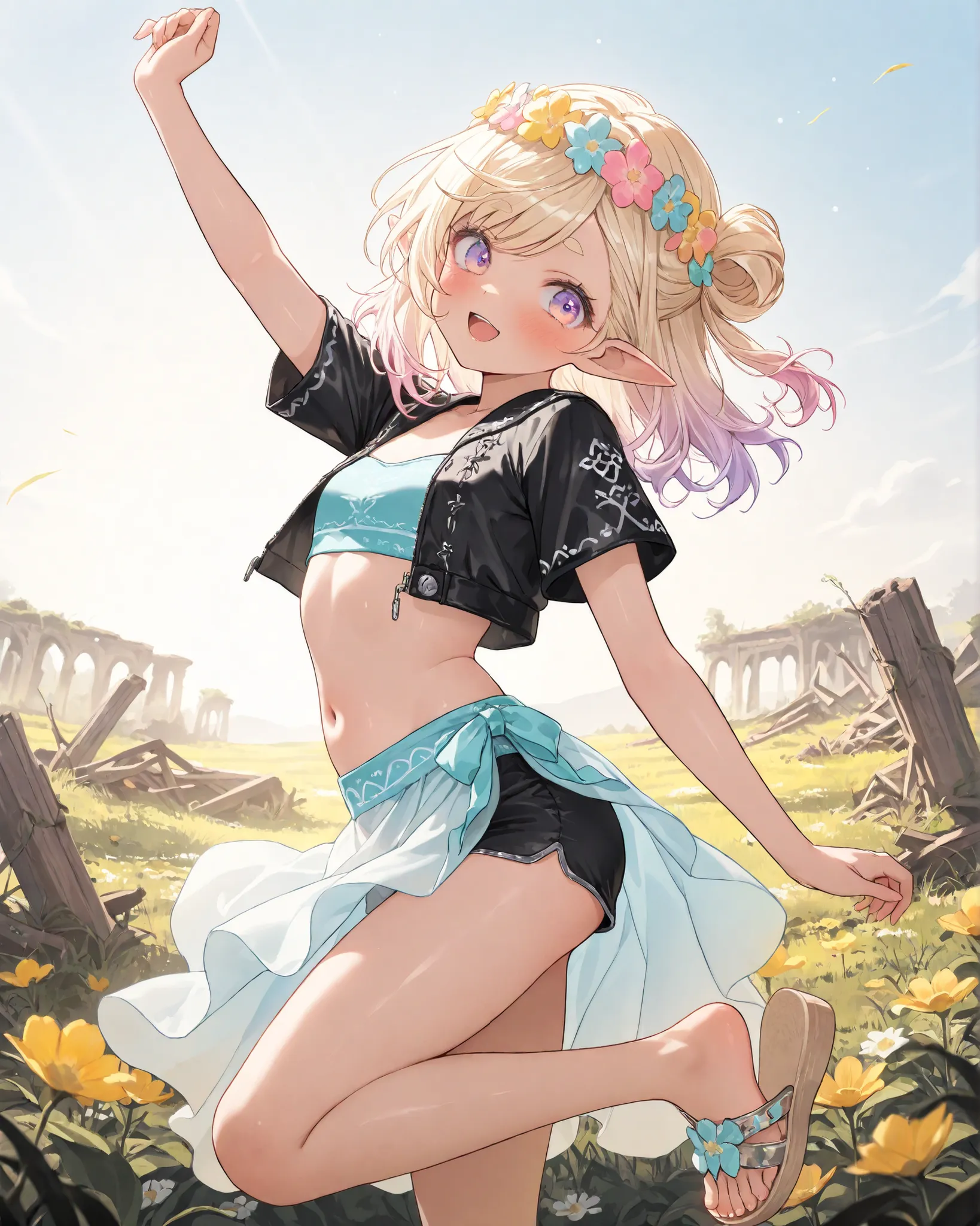 ((Masterpiece)), ((best quality, very aesthetic, absurdres, newest)), (from side, wide shot), (8K), (cinematic lighting), ((1girl)), (cute young girl), (Healthy body, Textured skin, small breast, tilt head), elf ears, Glossy unruly hair, (beautiful blond h...