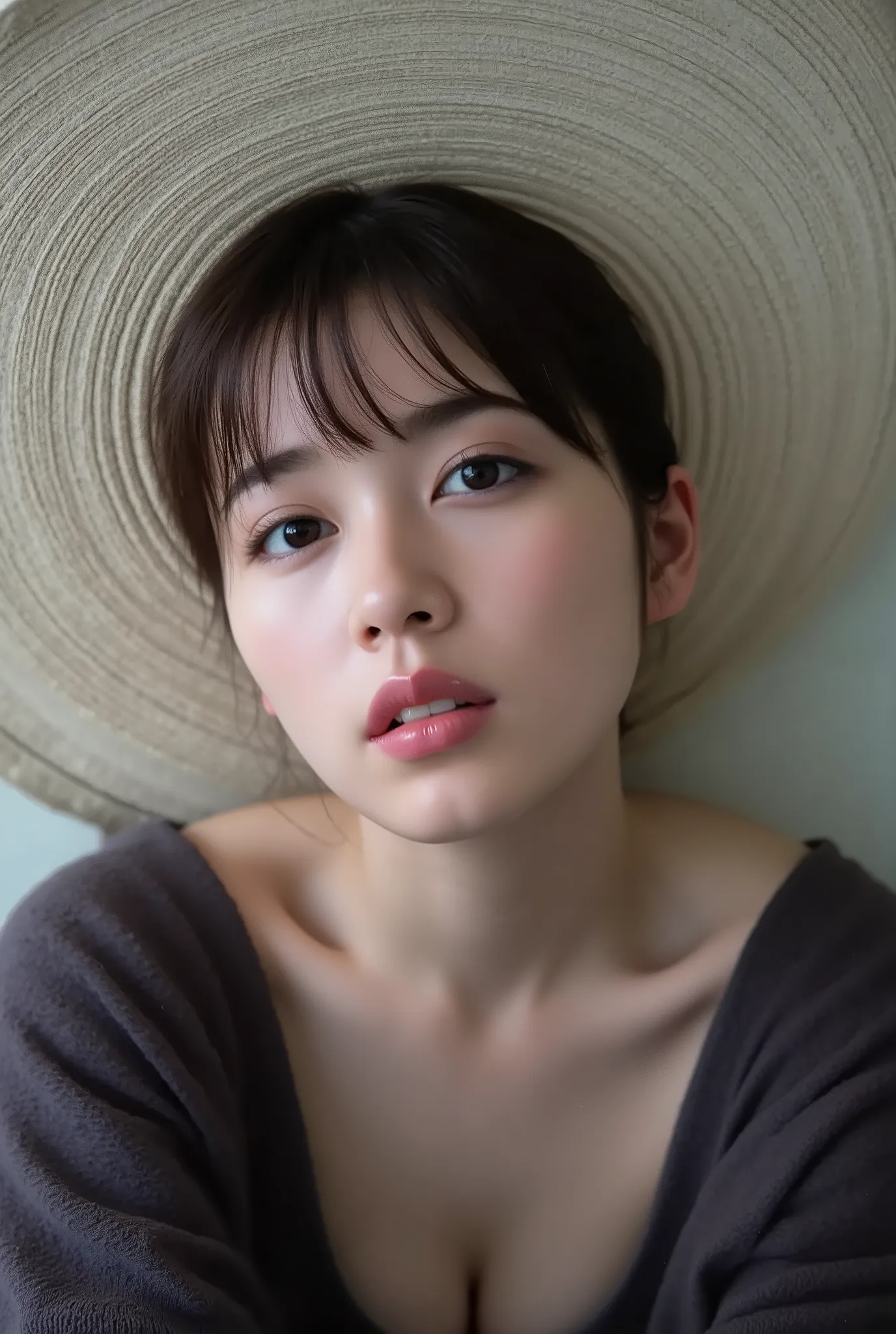 (( Highest Quality )), ((masterpiece)), ( details), Japanese, two-tone swimsuit ,sleeping on your back, sexy,( has sex in the bedroom ),(( Voluptuous women, petite woman )),(( abnormally large breasts , completely naked, short bob h...