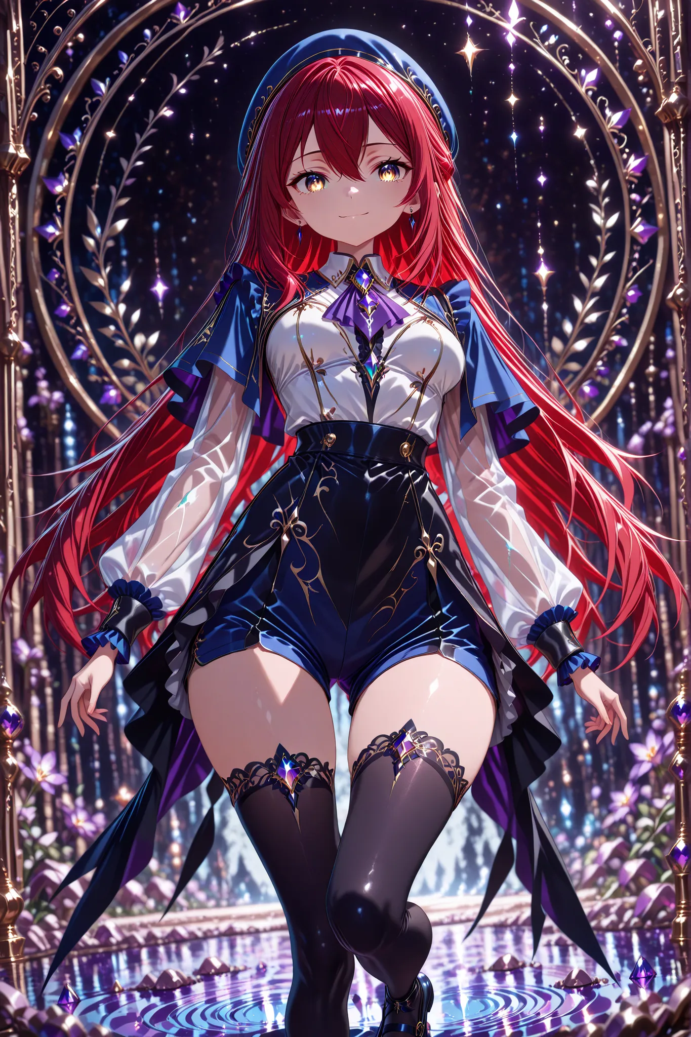 absurd_res, 8K, (masterpiece: 1.2), (best quality: 1.2), (detailed eyes, beautiful eyes:1.2), cinematic angle, cinematic shadows
1 girl , golden eyes , very long hair , long sidelocks, red hair ,half updo, petite , very cute , beautiful ,Straight hair, c...