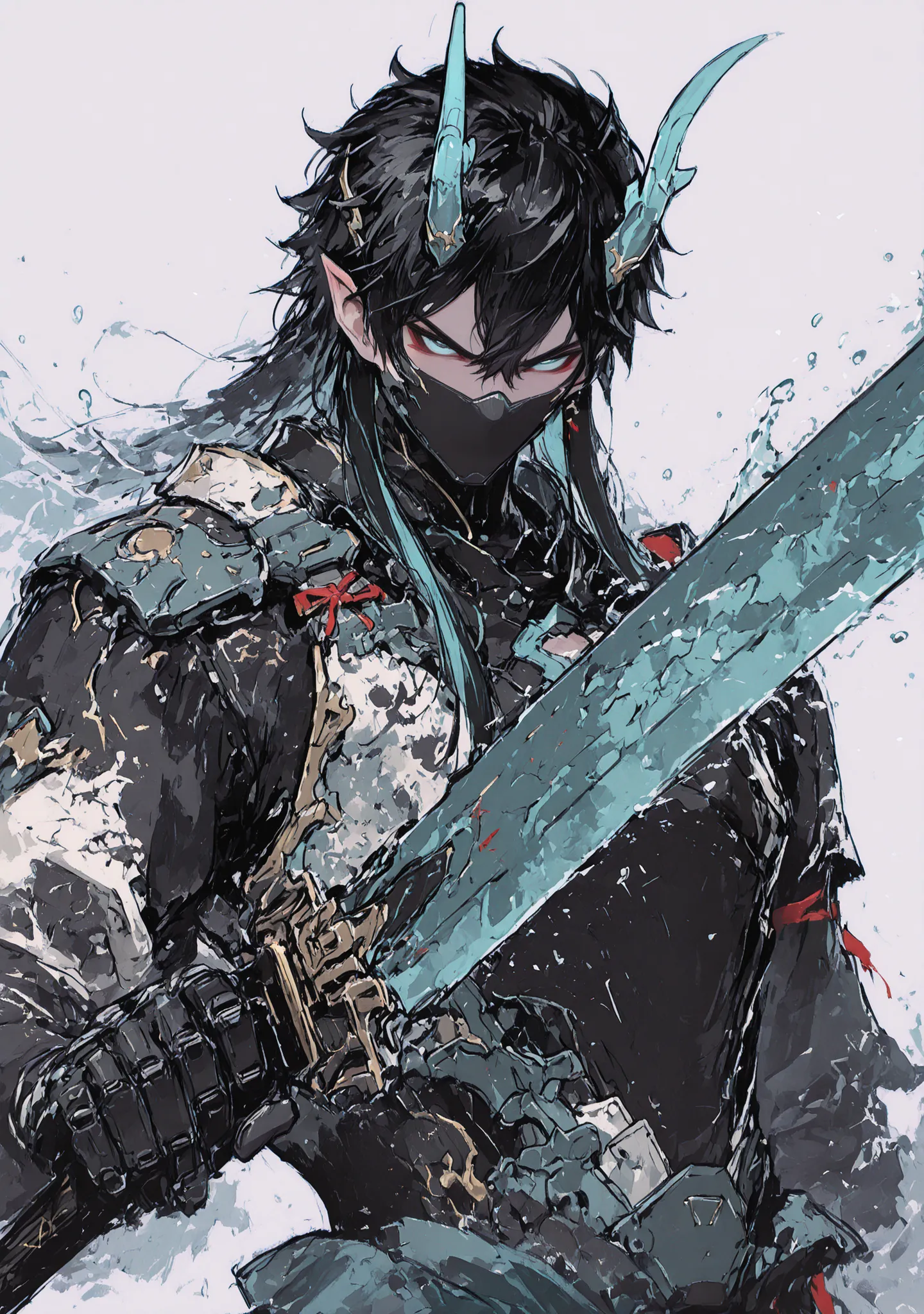 (DAN HENG IMBIBITOR LUNAE), 1man, (detailed eyes and detailed face) masterpiece side light, masterpiece, best quality, detailed, high resolution illustration), fully dark mecha body armor, long dark vibrant hair, upper body, cool, water and dark element, m...