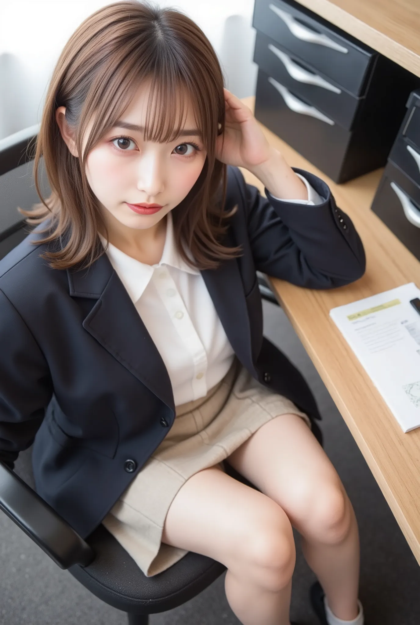 (Highest Quality、8k、best image quality、超A high resolution:1.5, (photorealistic:1.4),masterpiece:1.2,(top-quality:1.4)、Raw photo)、woman working in an office、suits、OL、(highlight your body line:1.1)、Portrait of a beautiful classy woman、THE MOST ELEGANT AND C...
