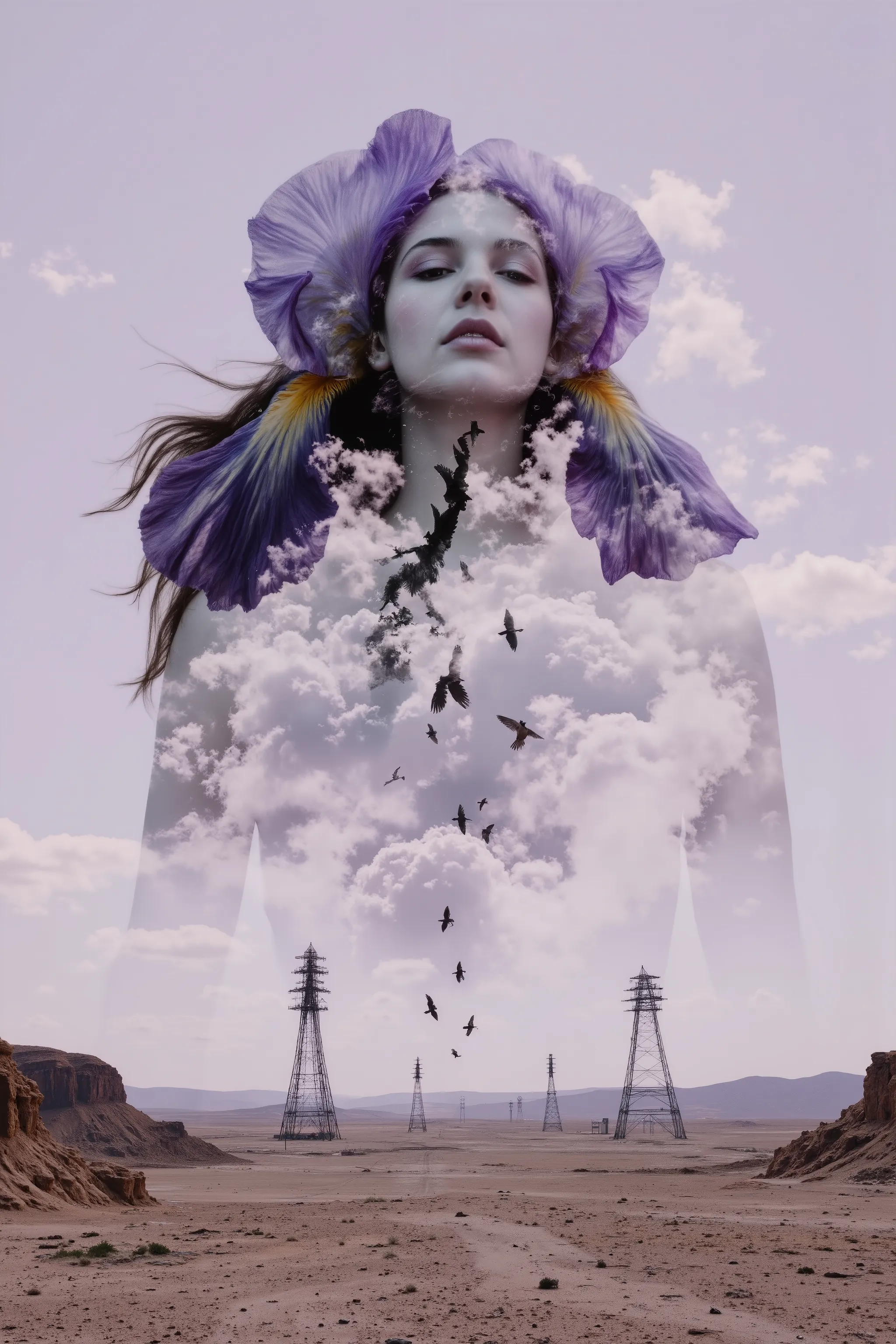 complex double exposure High-quality. hyperreal cinematic surreal photo art, mysterious woman in translucent dress floating horizontally across desert sky, body half-submerged in massive cloud shaped like blooming iris flower, face calm, eyes closed, from ...