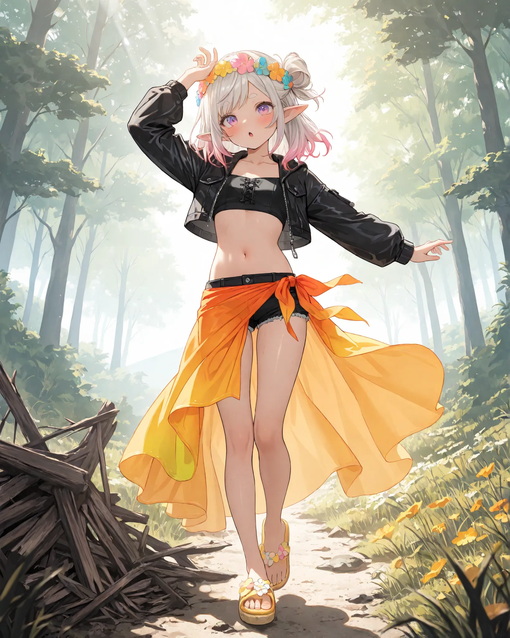 ((Masterpiece)), ((best quality, very aesthetic, absurdres, newest)), (wide shot), (8K), (cinematic lighting), ((1girl)), (cute young girl), (Healthy body, Textured skin, small breast, tilt head), elf ears, Glossy unruly hair, (platinum-gold hair, gradient...