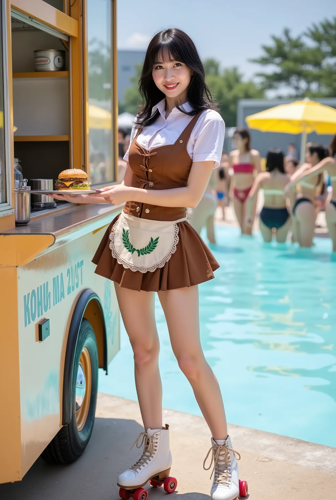 Create a full-body portrait of a stunning Japanese singer with a slender figure, medium breasts, and thin legs. She has medium-length hair and is wearing a Western-style saloon waitress outfit, complete with a skirt that has a small apron design and roller...